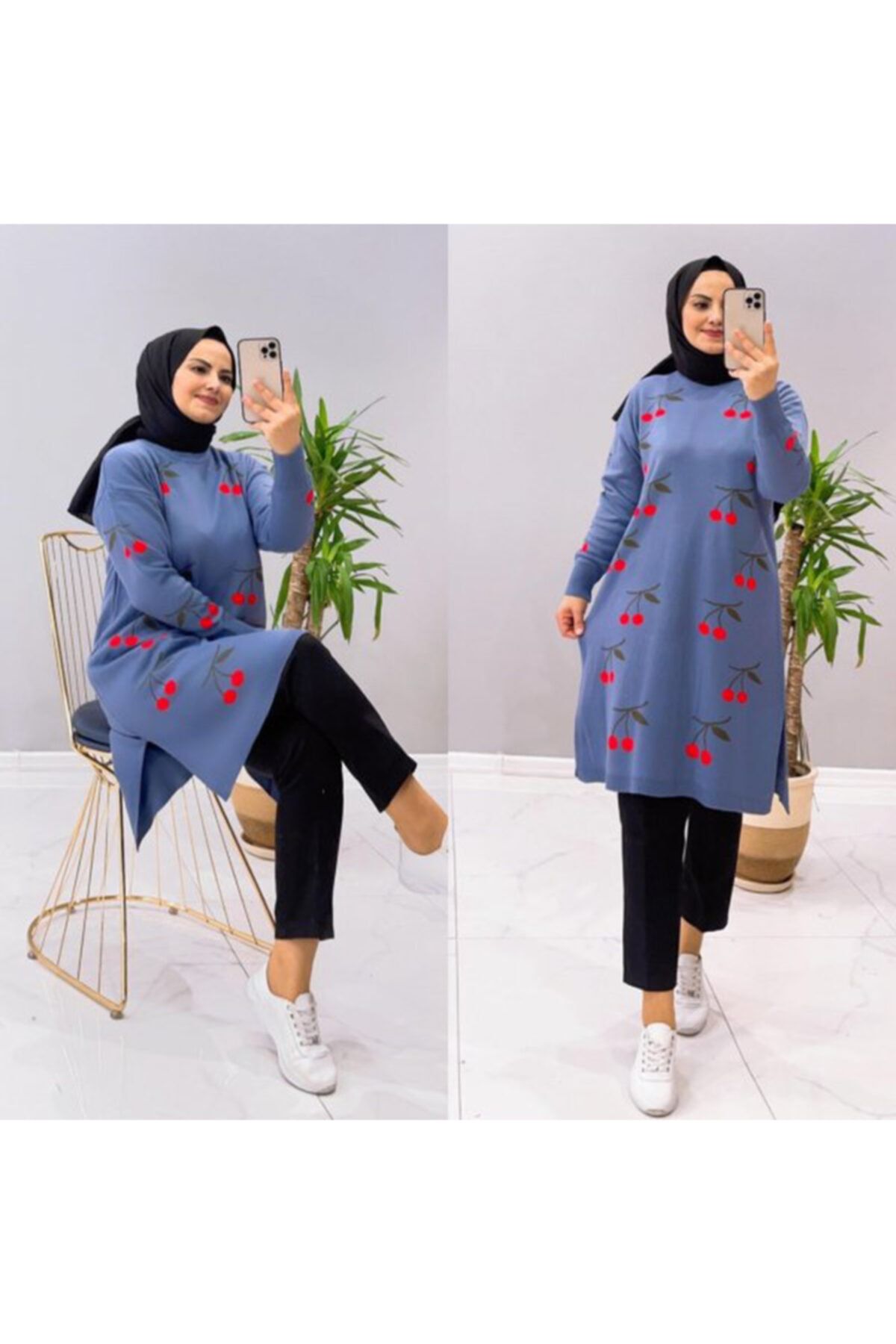 Nerissa Wear Kiraz Desenli Kadın Tesettür Triko Tunik