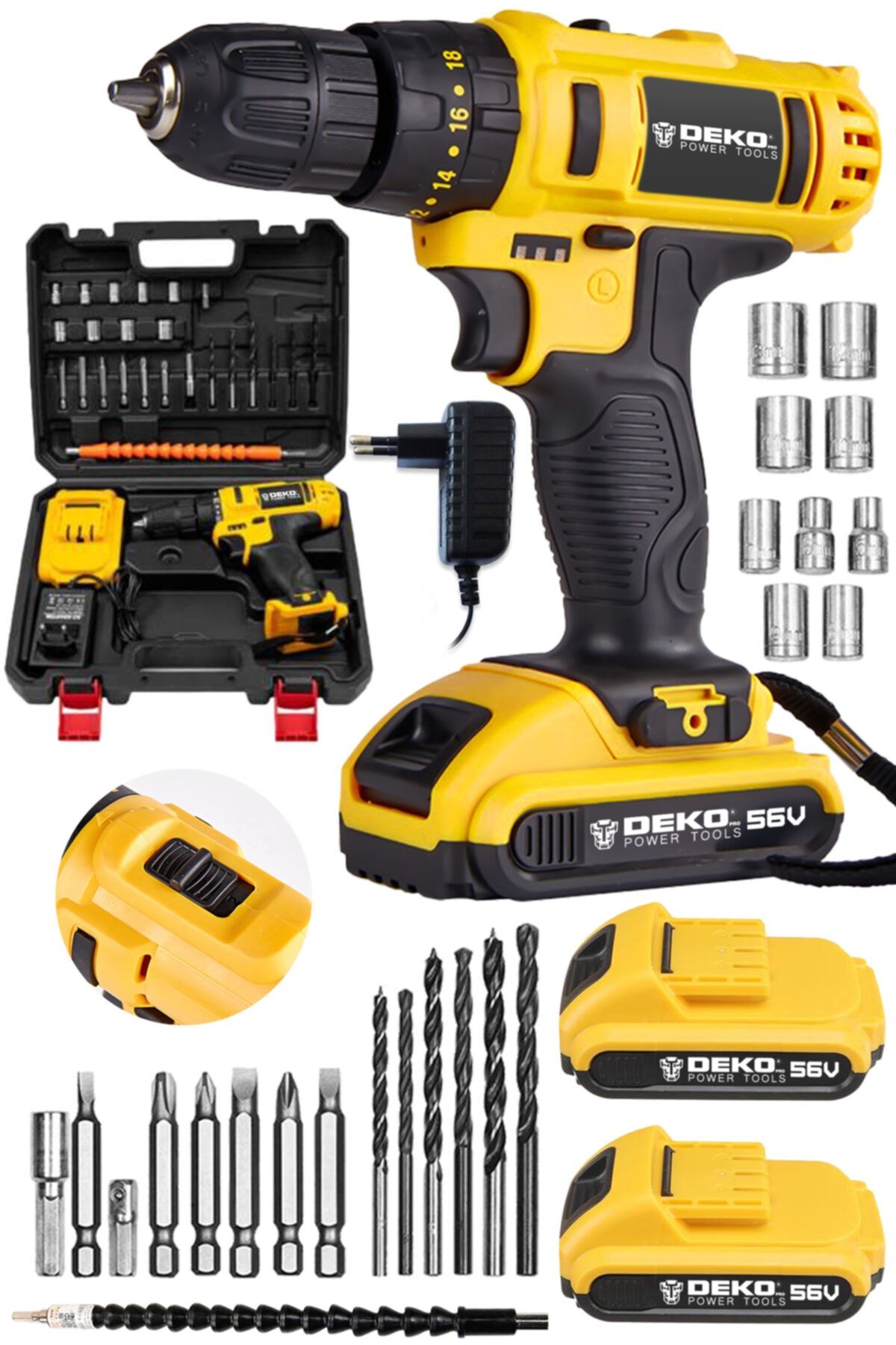DEKOPRO POWER TOOLS Alman Darbeli 56 V 5 Ah Bakır Sargılı Çift Akü Şarjlı Vidalama Matkap 24 Parça