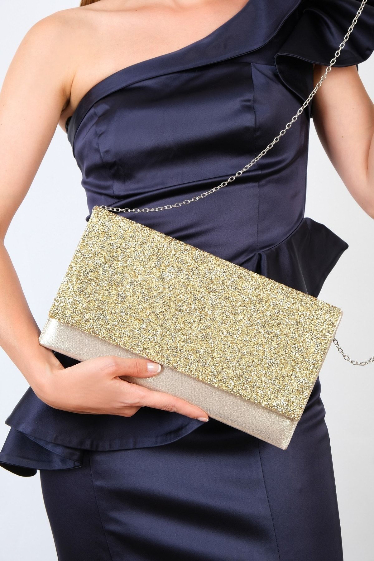 NAZART Kadın Taşlı Altın Gold Zincirli Abiye Bayan Clutch Portföy Gece Çantası