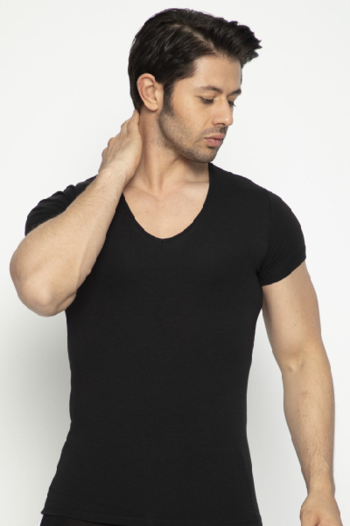 TOLIN Kısa Kol V Yaka Erkek Siyah Pamuklu Likralı Fanila 3177s