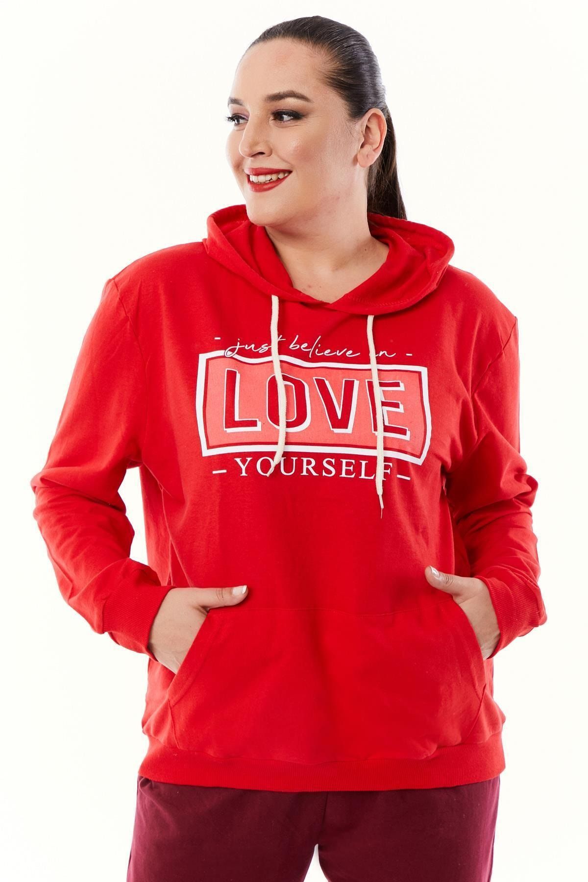 Siyezen Büyük Beden Kapişonlu Kanguru Cepli Baskılı Kırmızı Sweatshirt