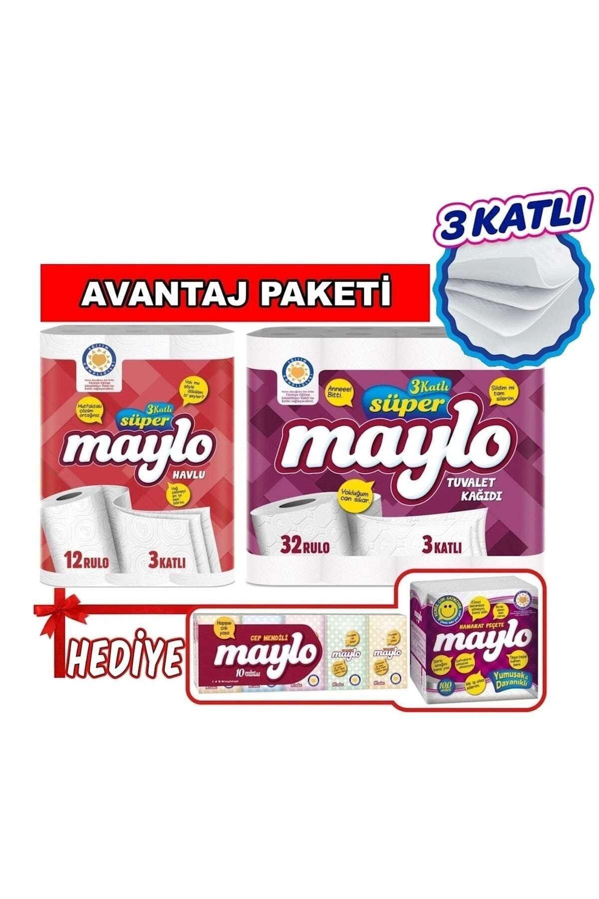 Maylo Tuvalet Kağıdı (3 Katlı) 32 Li Paket+12 Li Kağıt Havlu (3 Katlı)+peçete Ve Cep Mendil Hediye