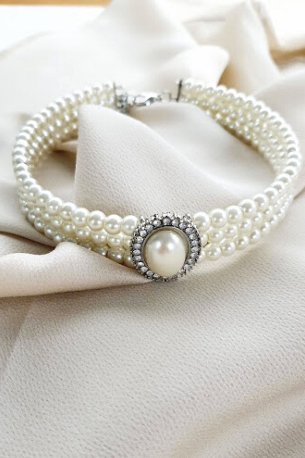 PETEK AKSESUAR Incili Choker Tasma Kolye Silver