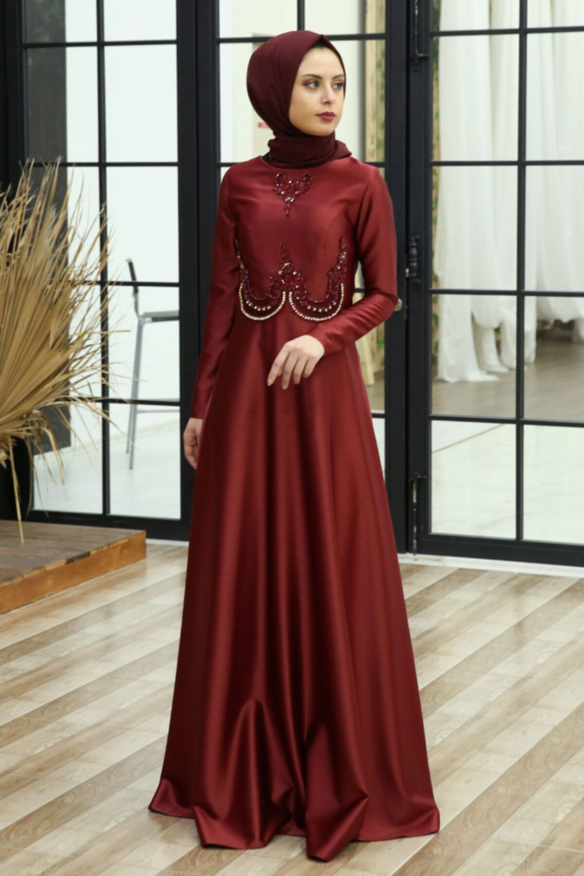 Feiza Collection Taş Detaylı Saten Tesettür Abiye Bordo