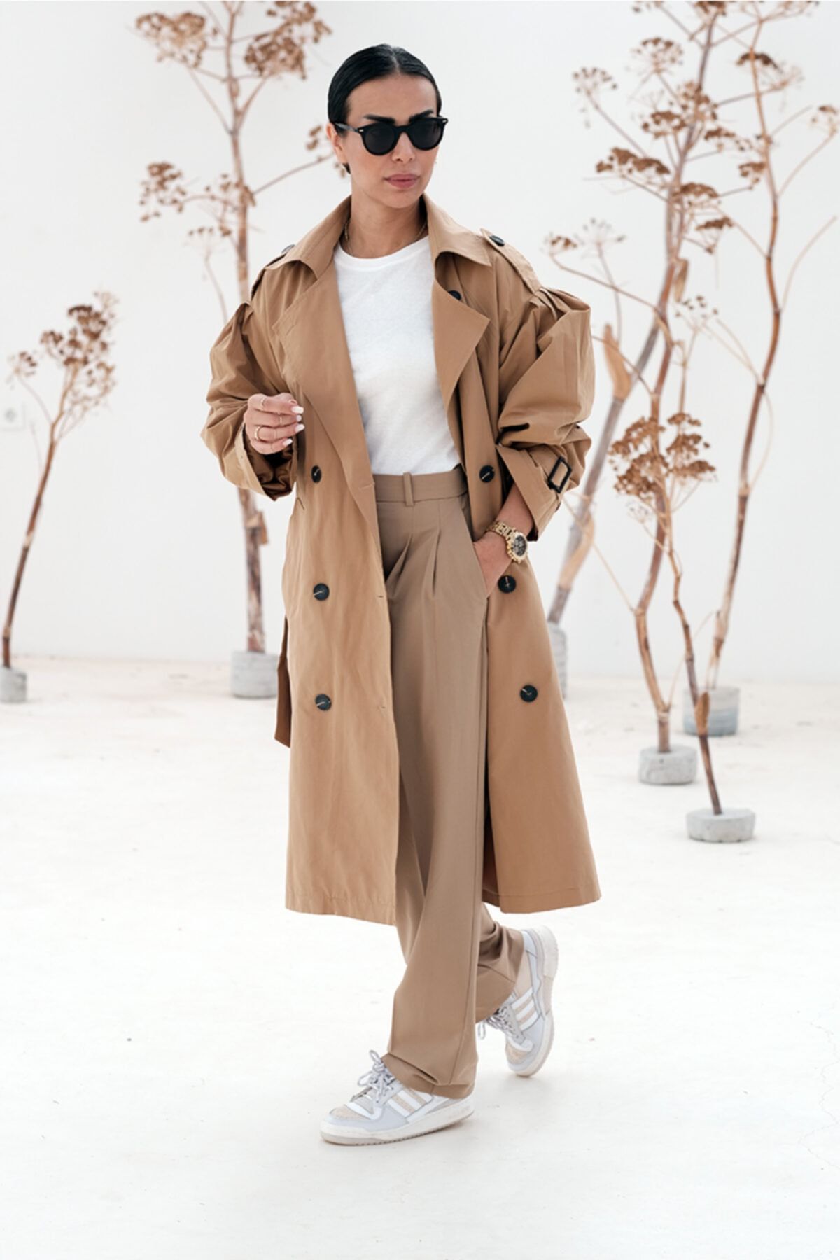 ASHCO Camel Önden Düğmeli Bel Kemerli Oversize Trençkot