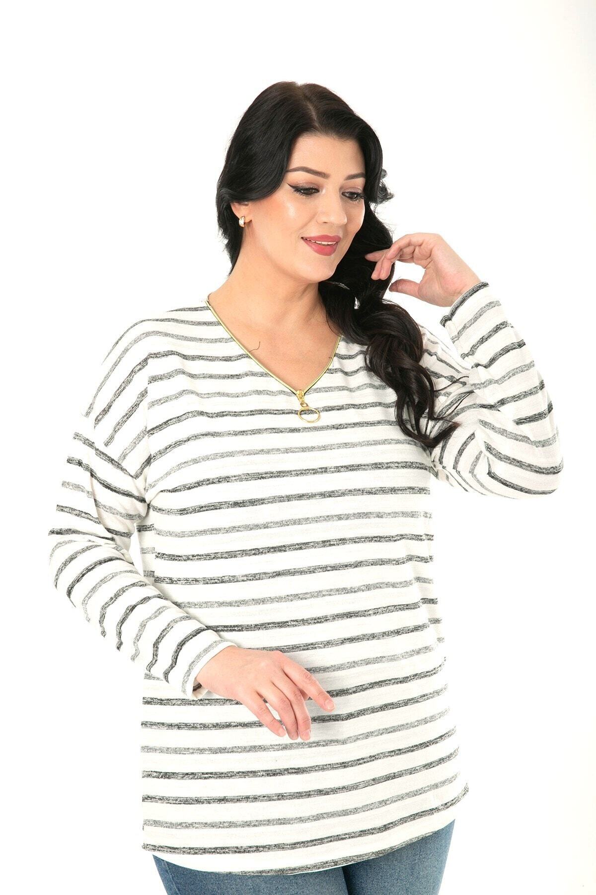 Womenice Kadın Gri Beyaz Çizgili Yakası Fermuarlı Pamuklu Büyük Beden Bluz