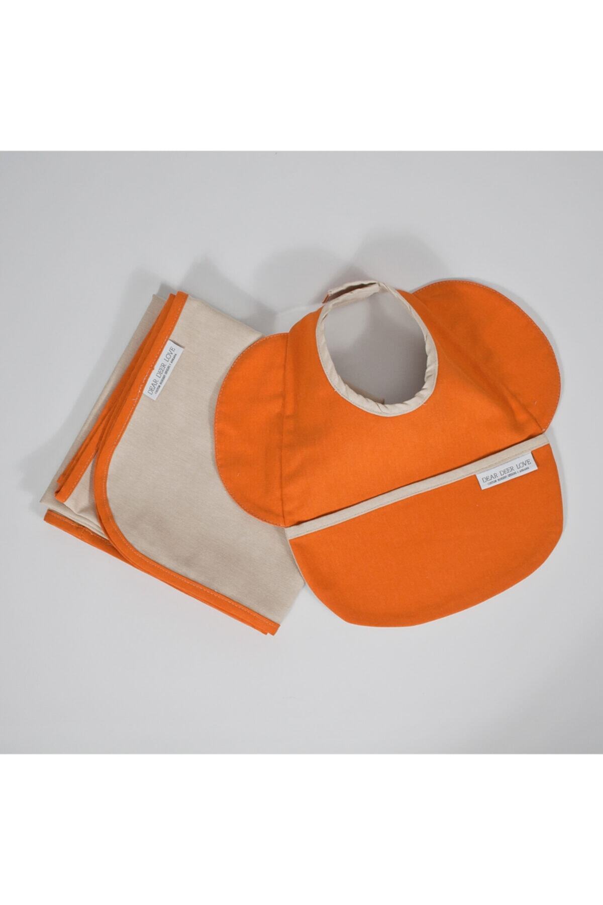Dear Deer Love Sıvı Geçirmez Mama Önlüğü & Mama Sandalyesi Örtüsü - Blw Seti / Bebek Önlük Orange