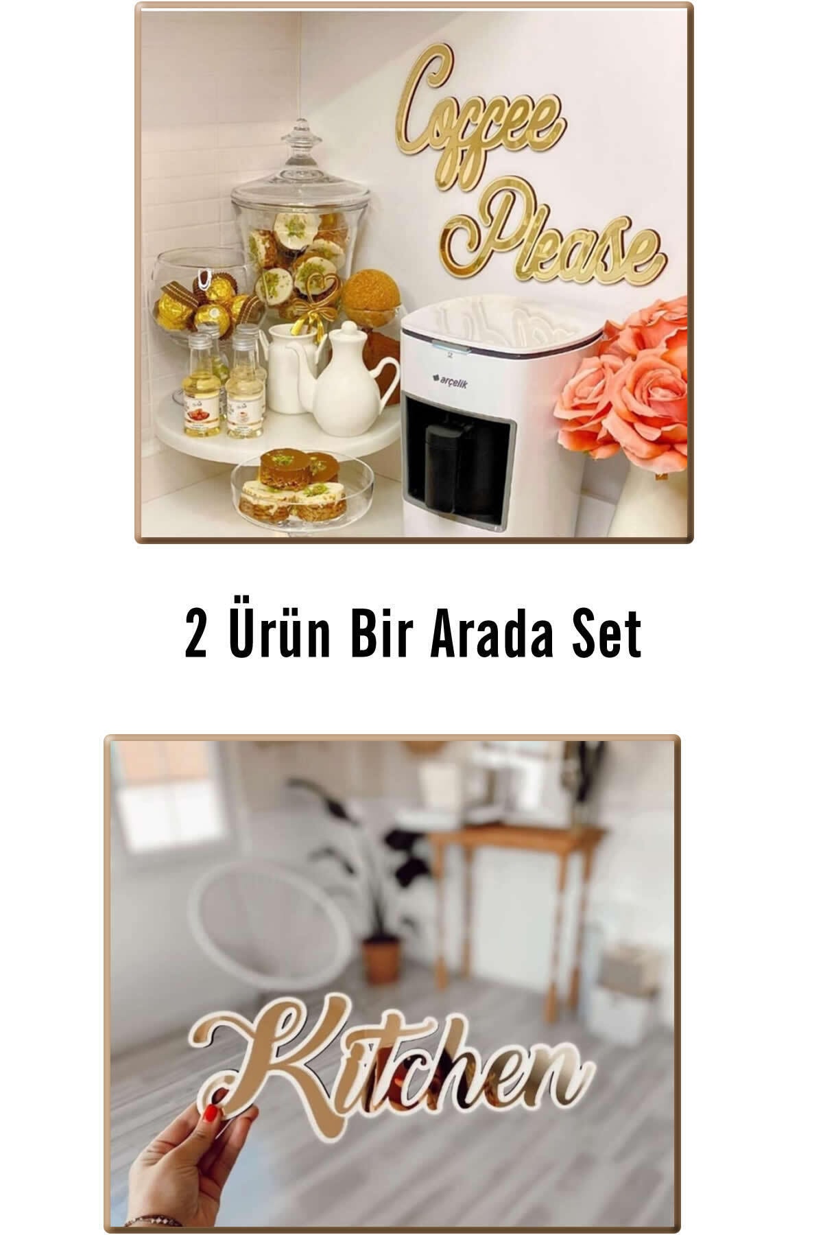 Sihirli Dolap Coffee Please Ve Kitchen 2'li Set Gold Pleksi Duvar Yazısı Mutfak Duvar Dekoru