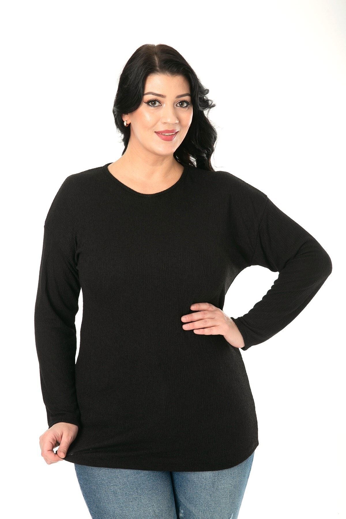 Womenice Kadın Siyah Düz Kesim Bisiklet Yaka Büyük Beden Bluz