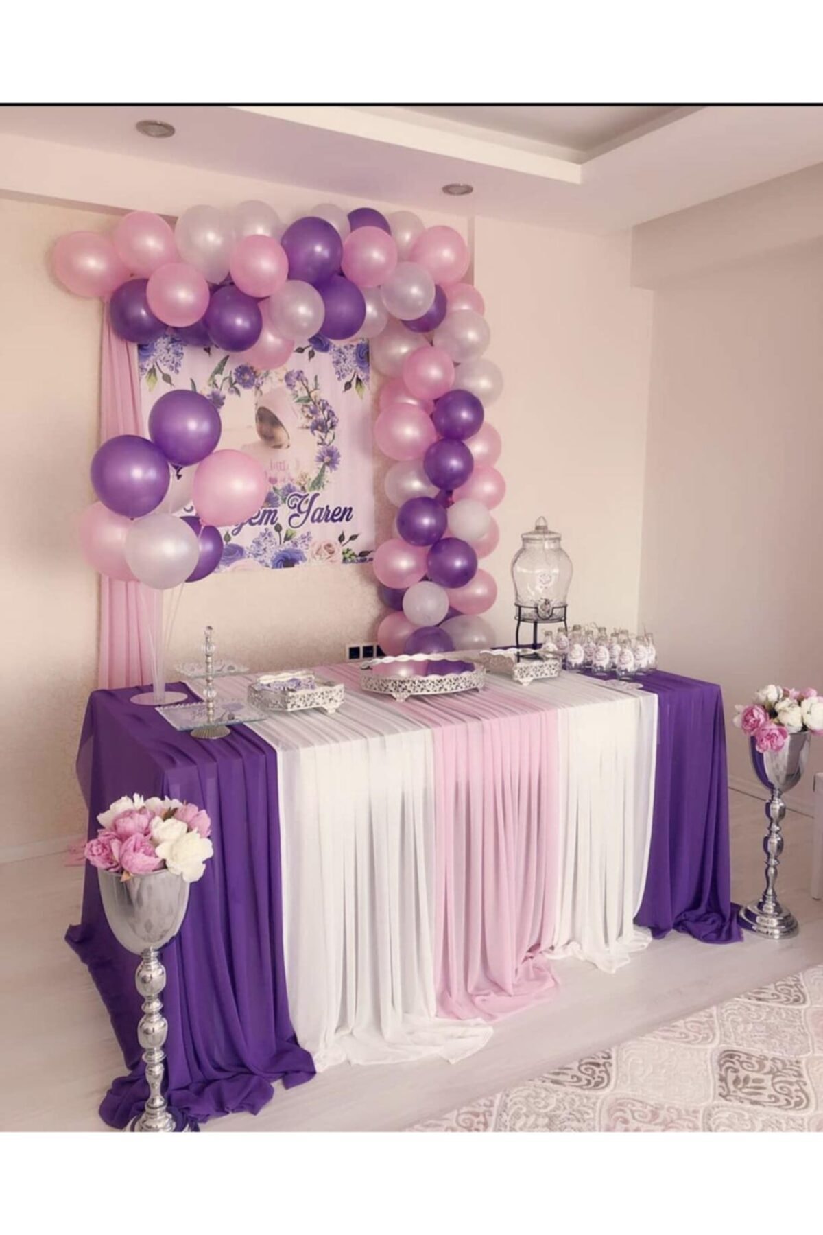 BalonEvi 50 Adet Metalik Mor Ve Pembe Pastel Beyaz Balon +5 Mt Balon Zinciri