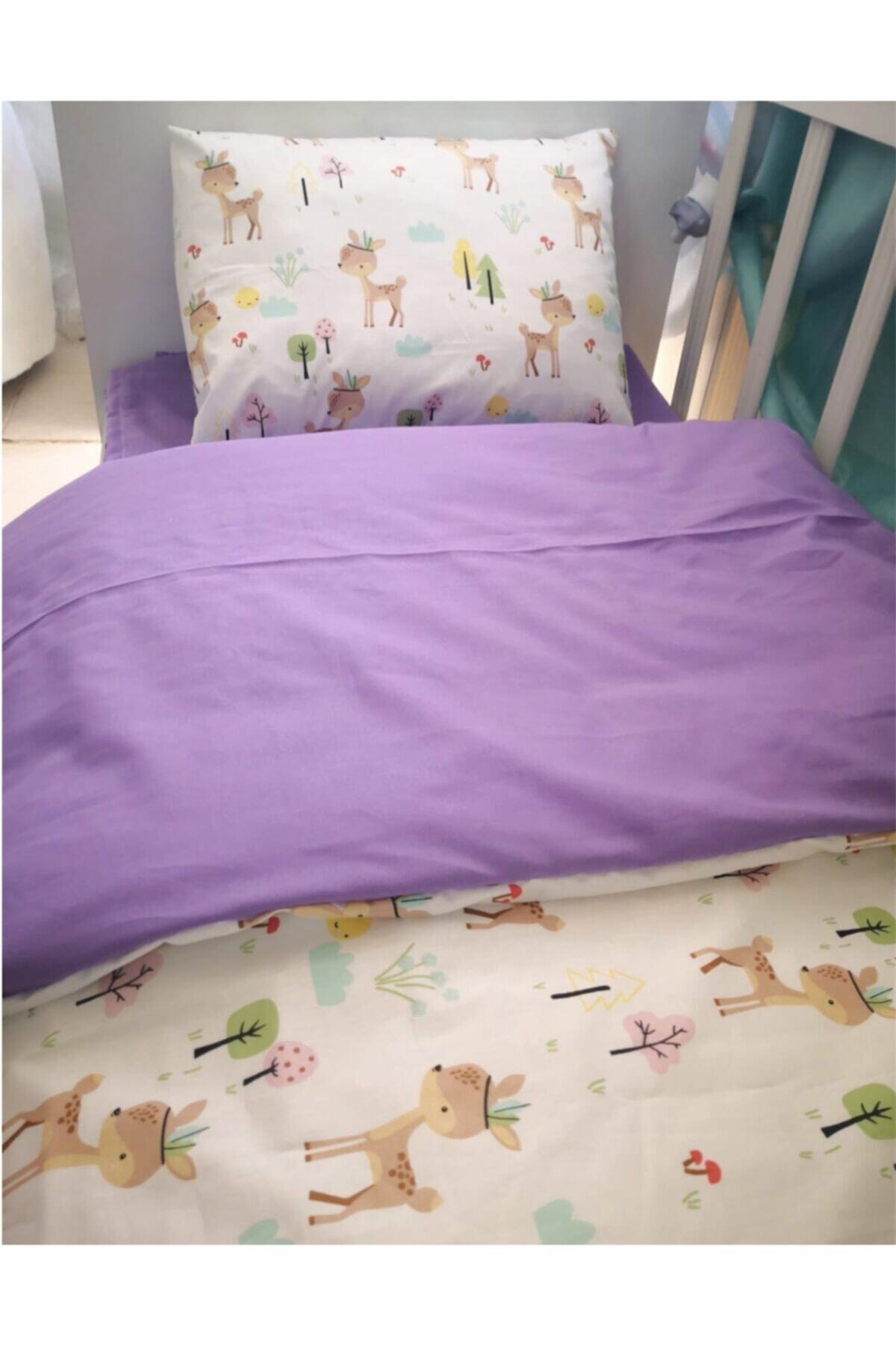 Bebek Özel %100 Pamuk Çocuk 120x200 Montessori Için Yastık Çarşaf Yorgan Seti Karaca Mor
