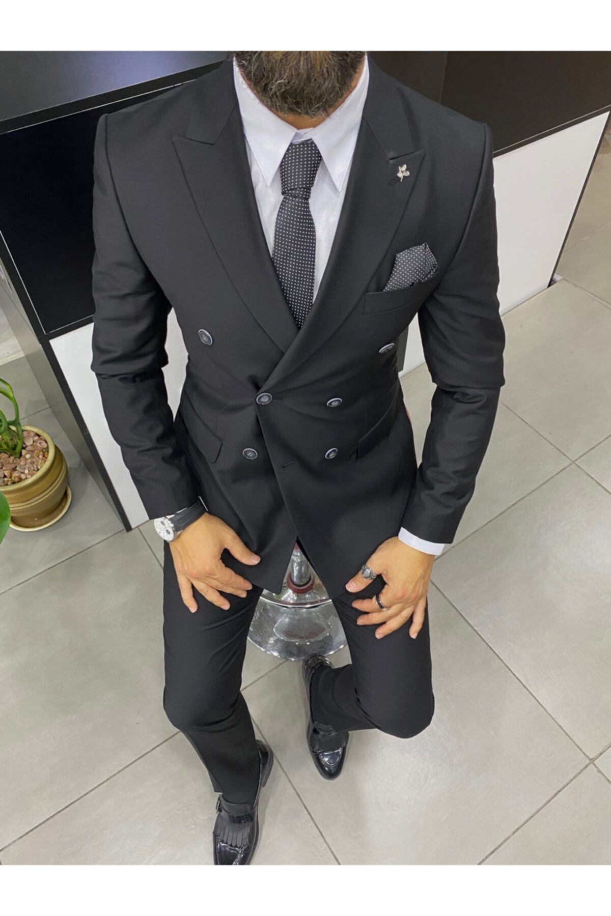mustafakemalkurtstore Slim Fit Siyah Kruvaze Takım Elbise