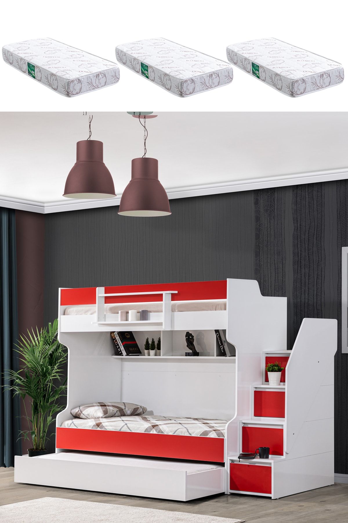 Setay Ranza, Cesur Lüx Yavrulu Ranza, 3lü Ranza - Kırmızı + 3 Adet Comfort Yatak