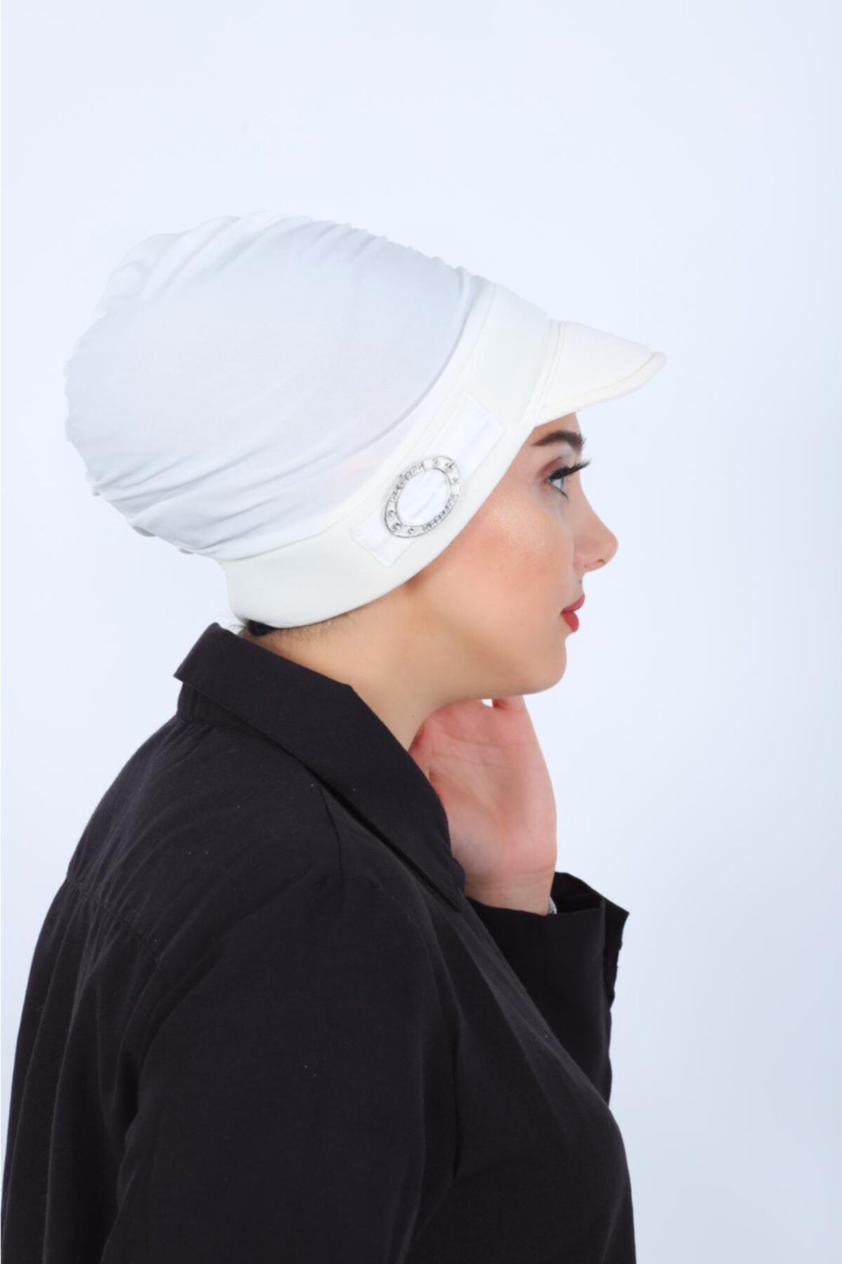 Mursen Bone Şal Hazır Tesettür Giyim Tokalı Şapka Bone Ekru  Özel Tasarım Yeni Model Tesettür Giyim