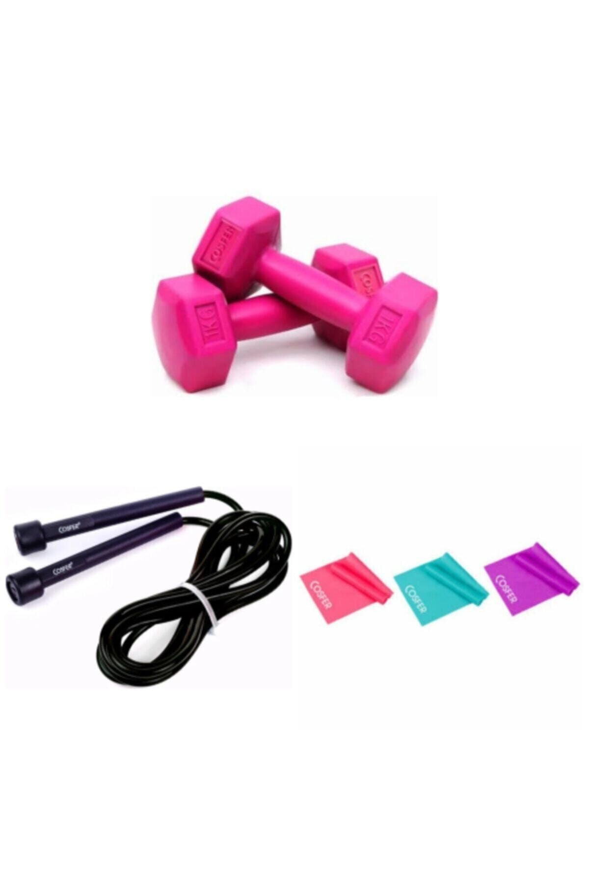 Cosfer Pilates,egzersiz Seti( 1 Kg *2 Adet Dambıll,3'lü Pilates, Direnç Bandı 120*7,5 Cm,1 Adet Atlama Ipi)