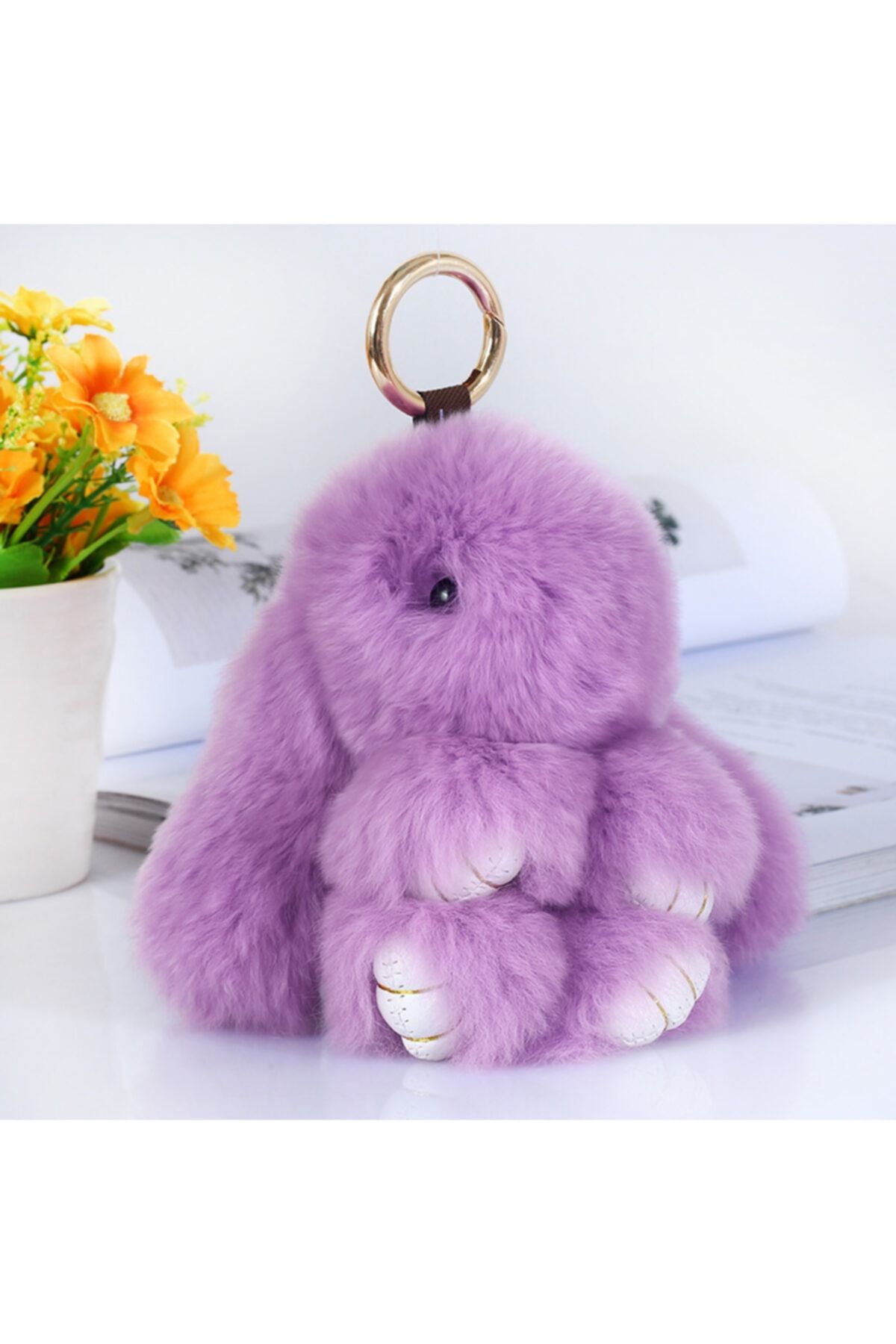 ELSELİFE Suni Kürklü Sevimli Yumuşak Peluş Tavşan Anahtarlık & Çanta Aksesuarı Çanta Süsü 18 Cm. Lila Renk
