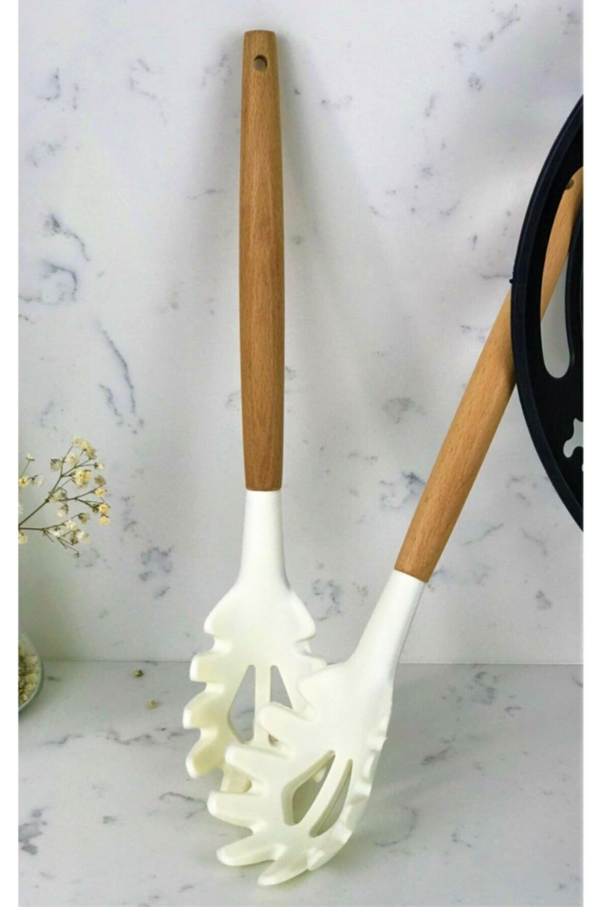 GalleonHome Tekli Bambu Saplı Silikon Spagetti Makarna Kaşığı Krem