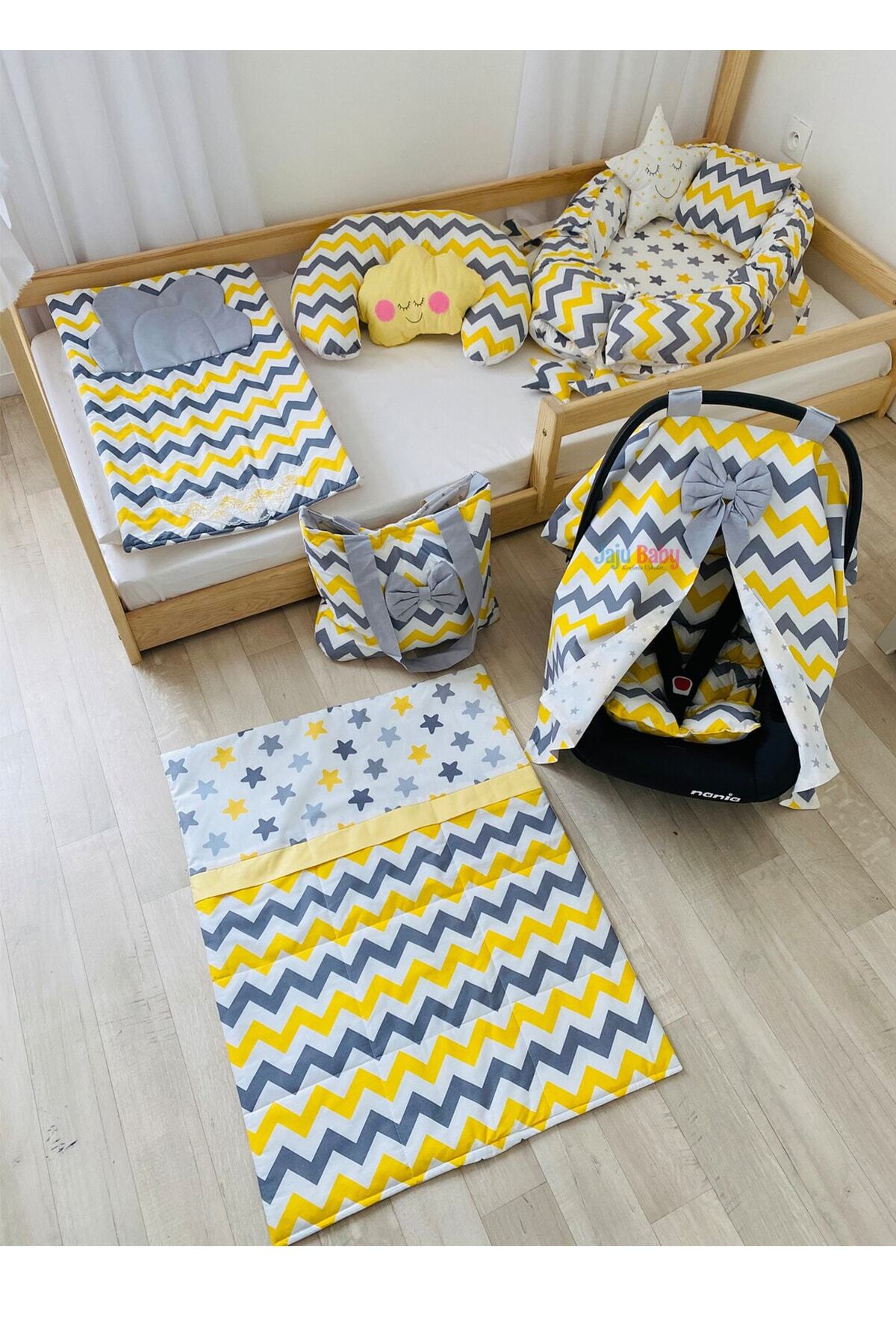 Jaju Baby Gri Sarı Zikzaklı 11 Parça Set Lüx Ortopedik Babynest Set