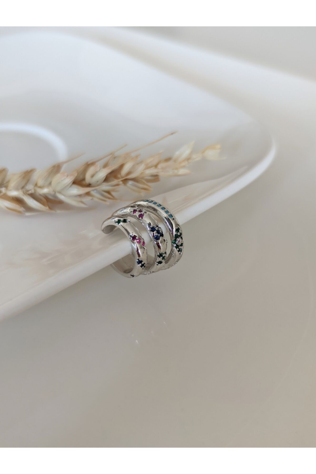 SU PERİSİ TAKI BİJUTERİ Gümüş Renkli Zirkon Taşlı 3 Sıra Earcuff (kıkırdak Küpesi)