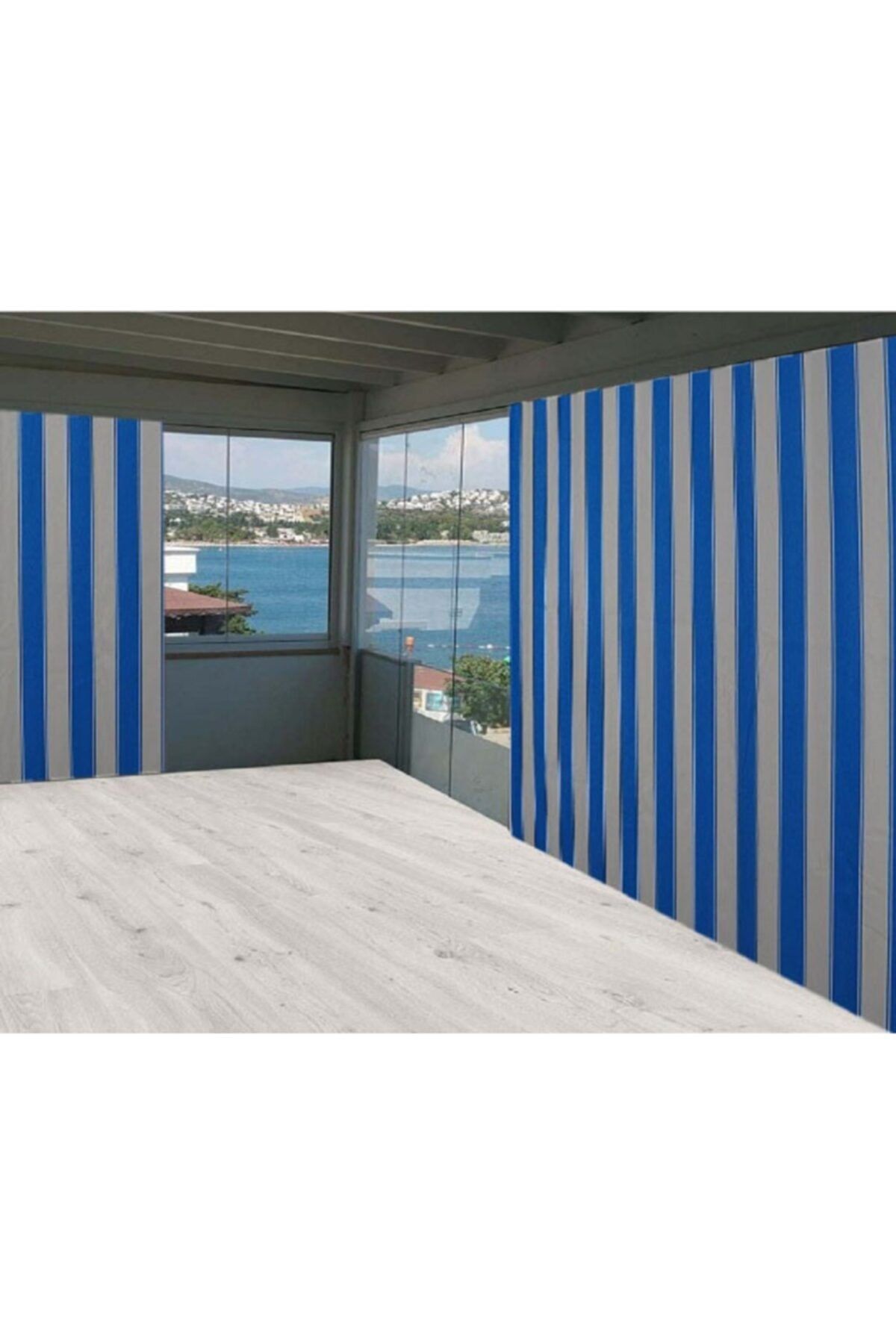 ceylan home Balkon Perdesi Brandası Turkuaz Beyaz Çizgili 750x250