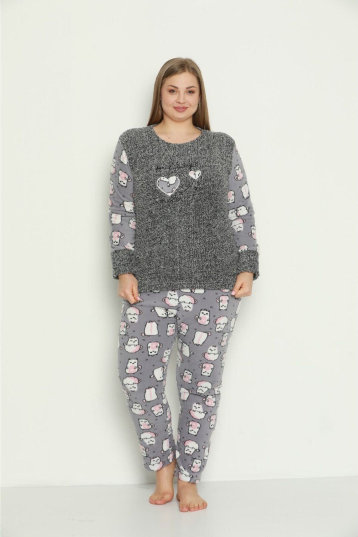 Muka Kadın Gri Kalpli Kedicik Desenli Polar Peluş Pijama Takımı