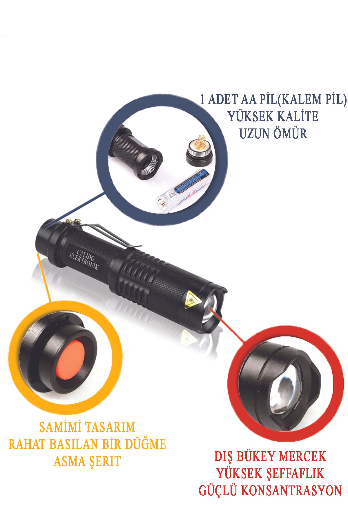 Calido Elektronik 3 Mod Zoomlu Pilli Led El Feneri Cep Boy Kamp Feneri 2000 Lumen Su Geçirmez Fener Lamba Ledli Işık