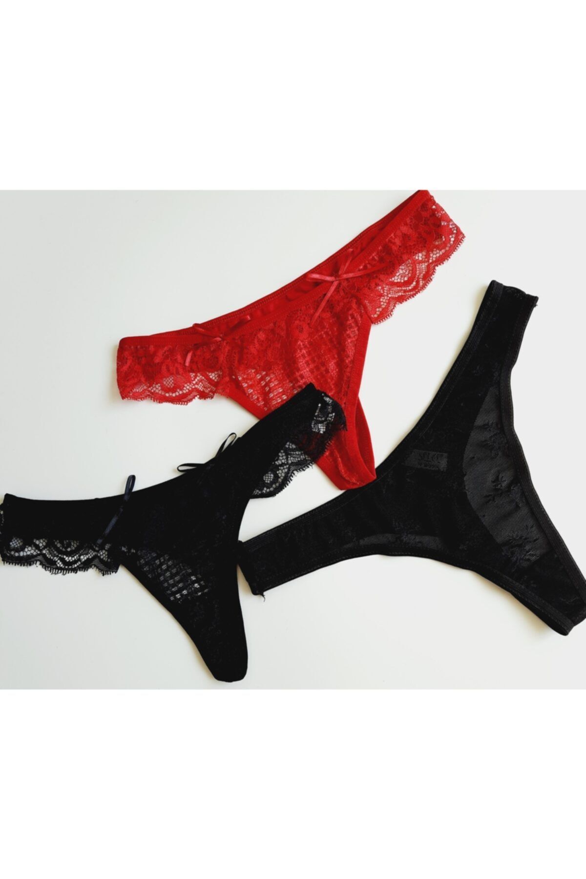 monetalingerie 3'lü Paket String Tanga Külot Dantelli Siyah Kırmızı Renk
