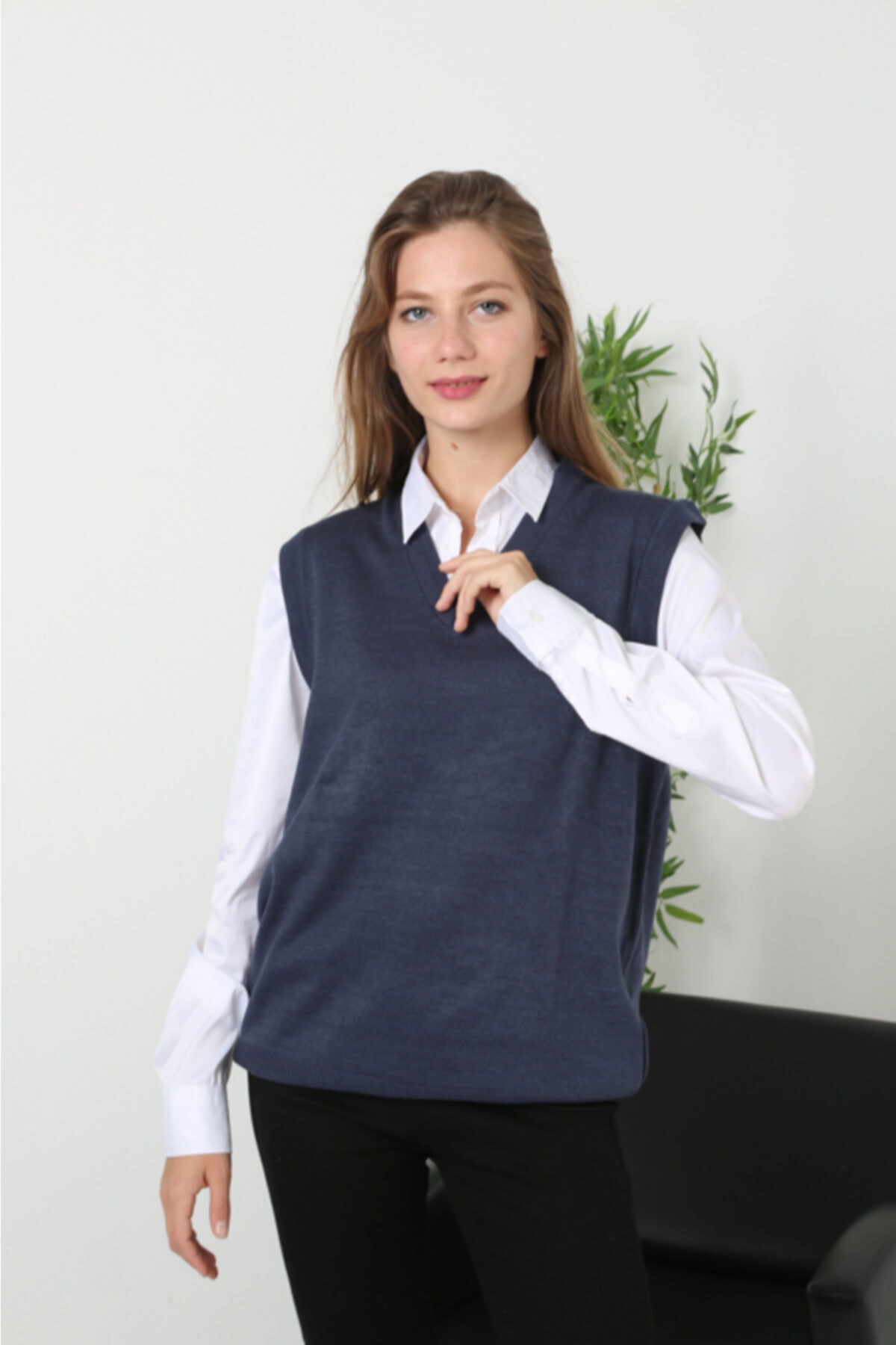 sbt SilverBeltTextil Kadın Indigo V Yaka Süveter Yelek