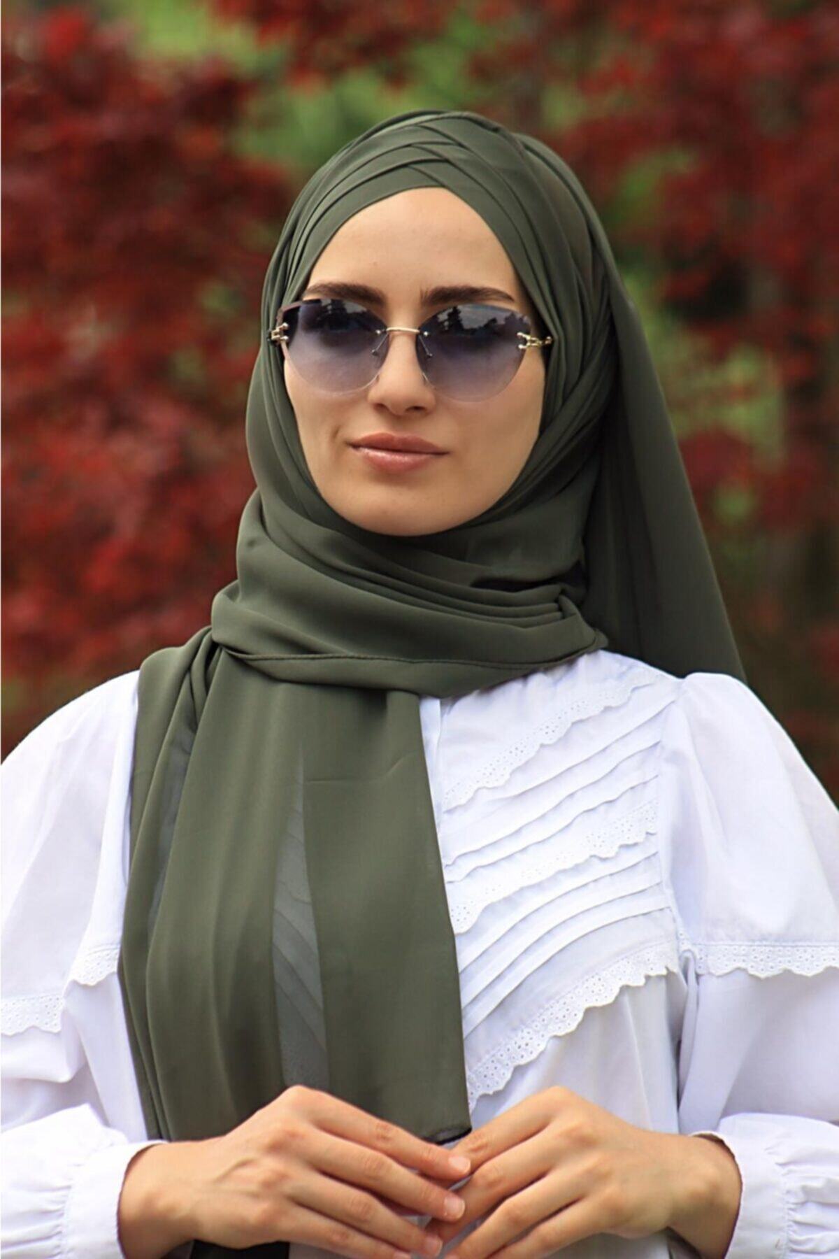 Mursen Bone Şal Hazır Tesettür Giyim (tesettür Giyim) Üc Bandlı Hazır Sal Haki