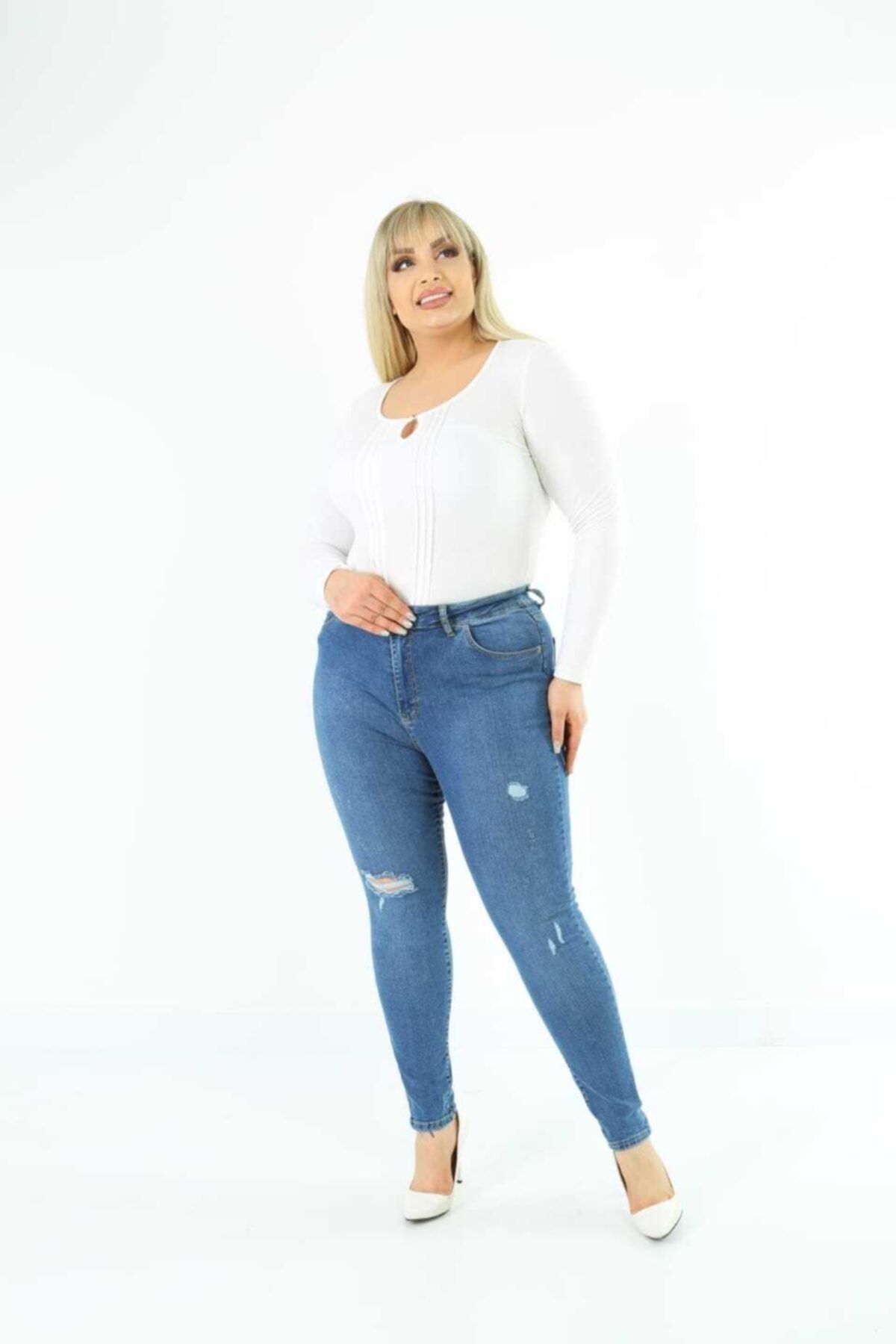 CEDY DENIM Kadın Mavi Yırtıklı Yüksek Bel Skinny Fit Jeans Büyük Beden Kot Pantolon C597