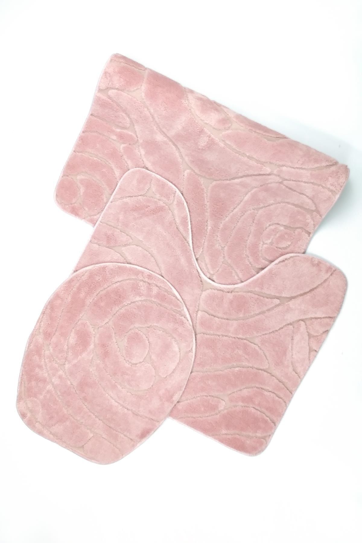 İLERİ STORE Rose 3'lü Set Kaymaz Tabanlı Klozet Takımı Banyo Paspas Seti Halısı
