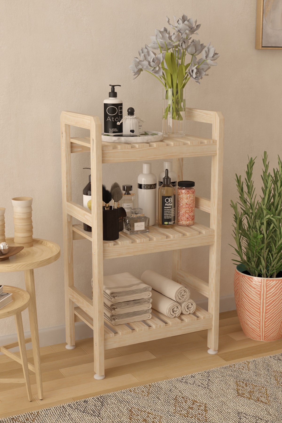 OBİ Atölye Ahşap Banyo Rafı 3 Katlı 84x45x30 Cm Çok Amaçlı Raf Banyo Dolabı - Vernikli