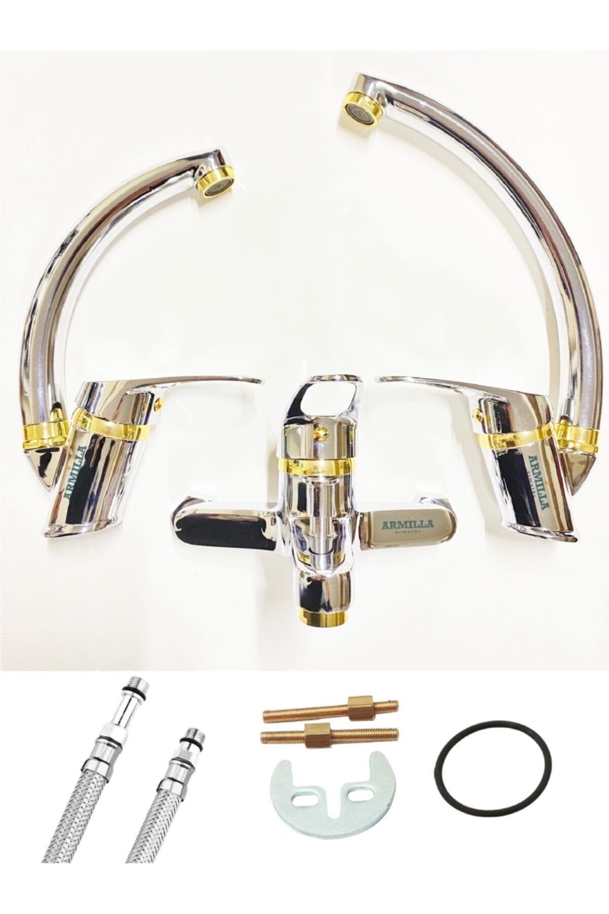 ARMİLLA ARMATÜR Krom Gold Mix Kuğu Banyo Mutfak Ve Lavabo Bataryası Musluğu 3’lü Set