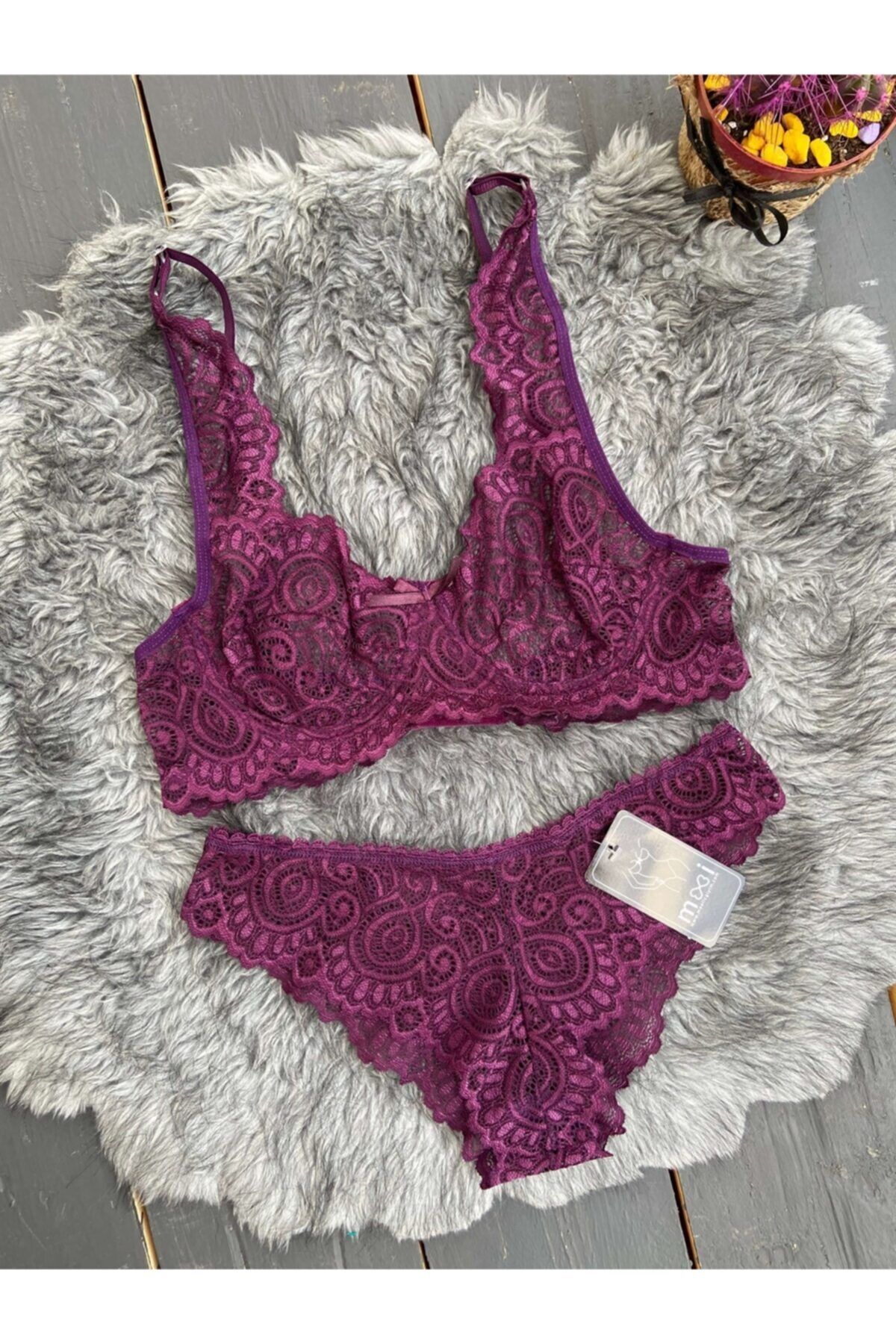 MOOİ Mor Balenli Telli Soft Lace Bralet Takım