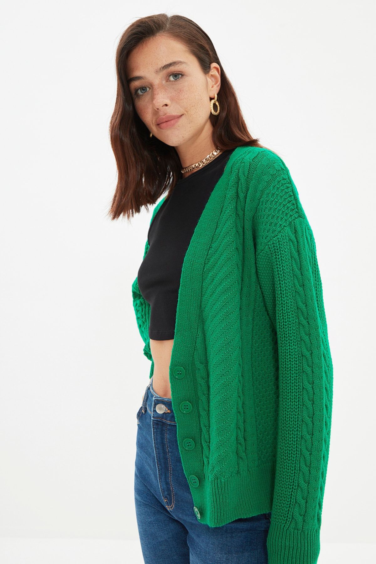 TRENDYOLMİLLA Zümrüt Yeşili Örgü Detaylı Oversize Triko Hırka TWOAW22HI0736