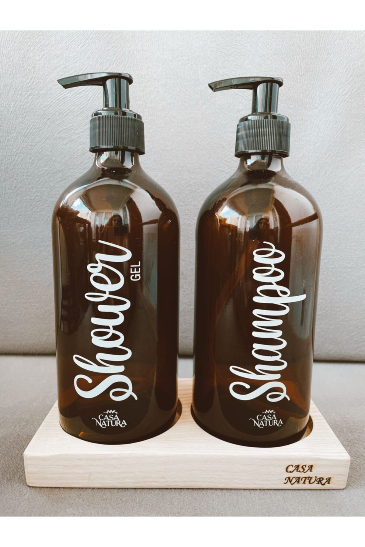 CASANATURA 3'lü Set Amber Cam Şişe 500ml Shower&şampoo&ahşap Stand