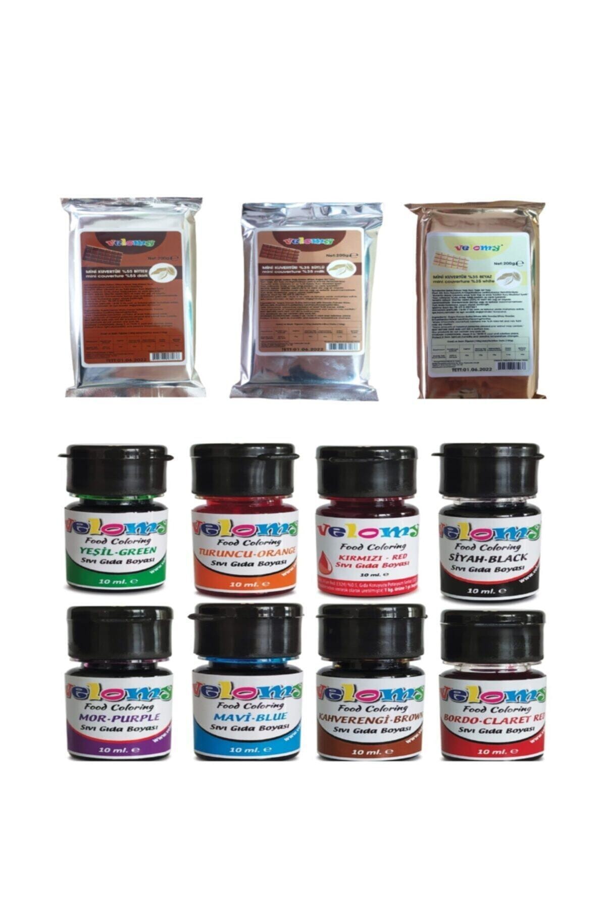 velomy Kuvertür Çikolata Seti 600 Gr Ve 8 Li Gıda Boyası 3 Lü