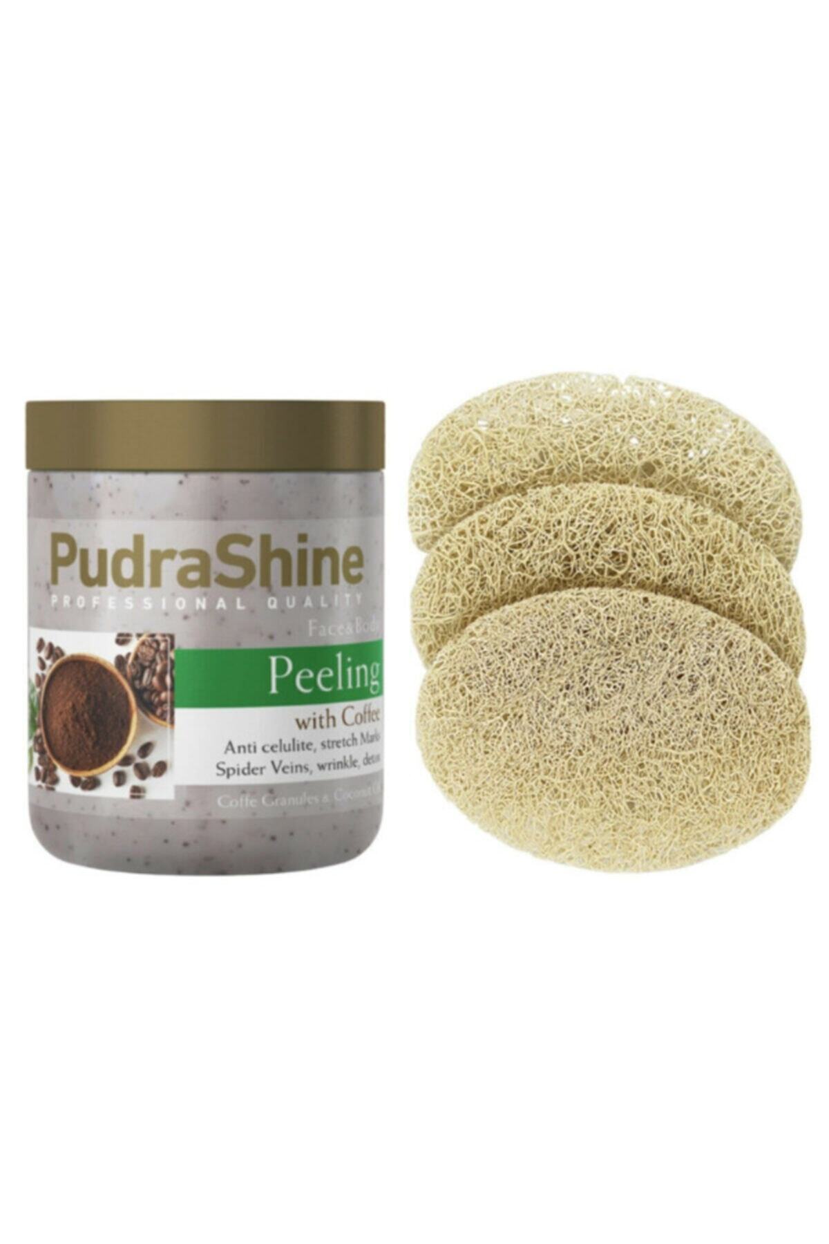 PudraShine Face & Body Kahveli Yüz Ve Vücut Peeling 500 Ml. Ve Ozzy Store Kabak Lifi Yüz Peeling Dis