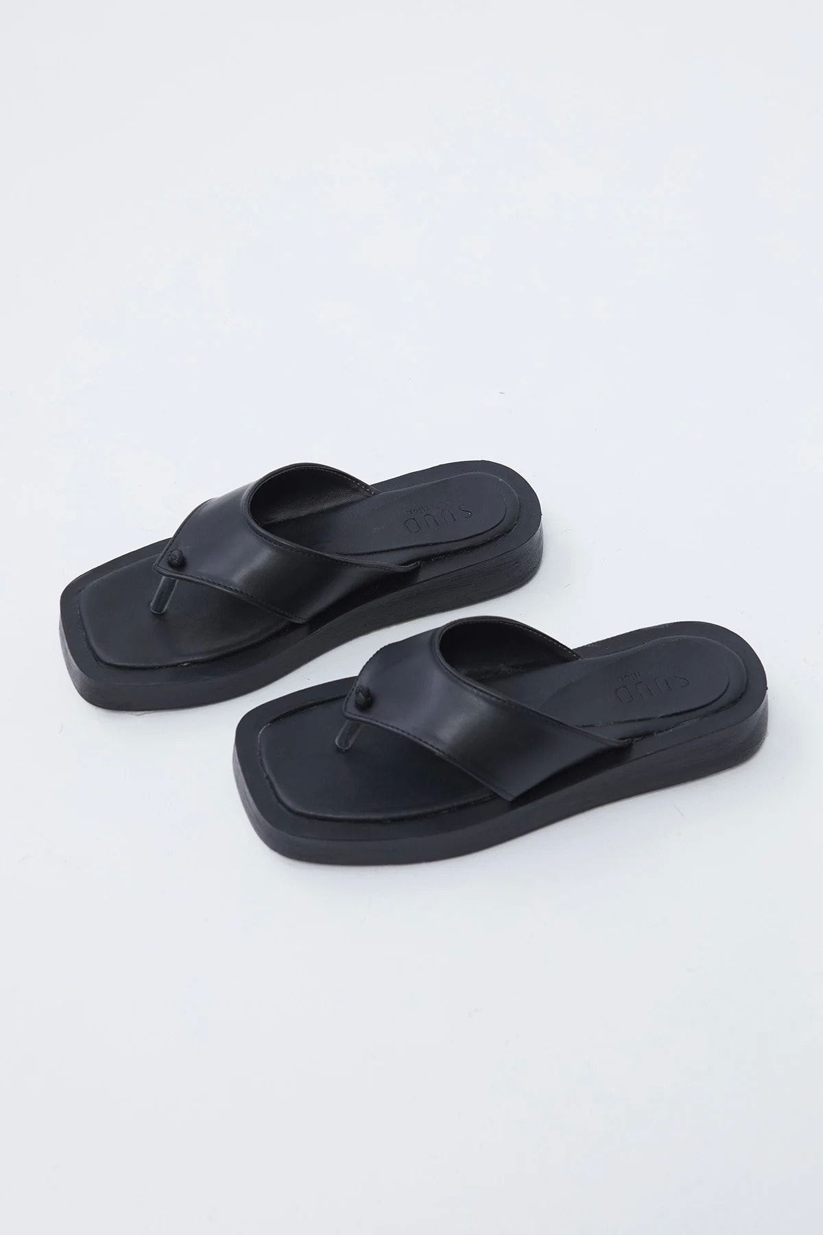 Suud Collection Siyah Platformlu Deri Terlik