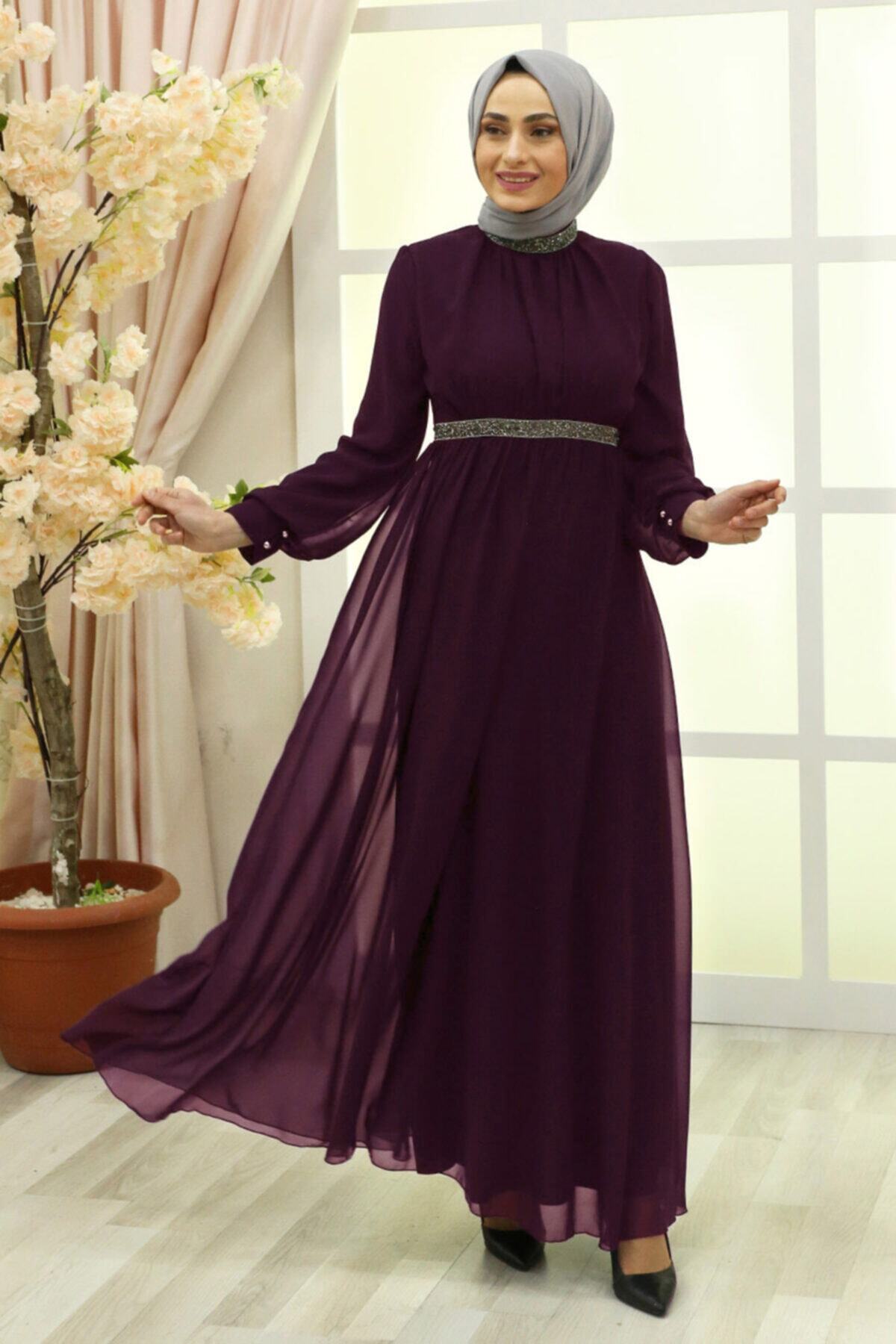 Feiza Collection Taş Detaylı Abiye Elbise Mürdüm