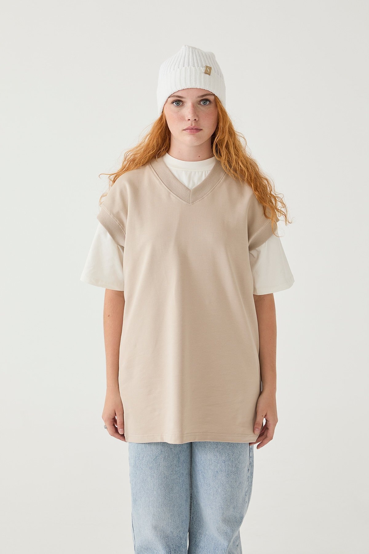 Suud Collection Bej V Yaka Oversize Pamuklu Süveter