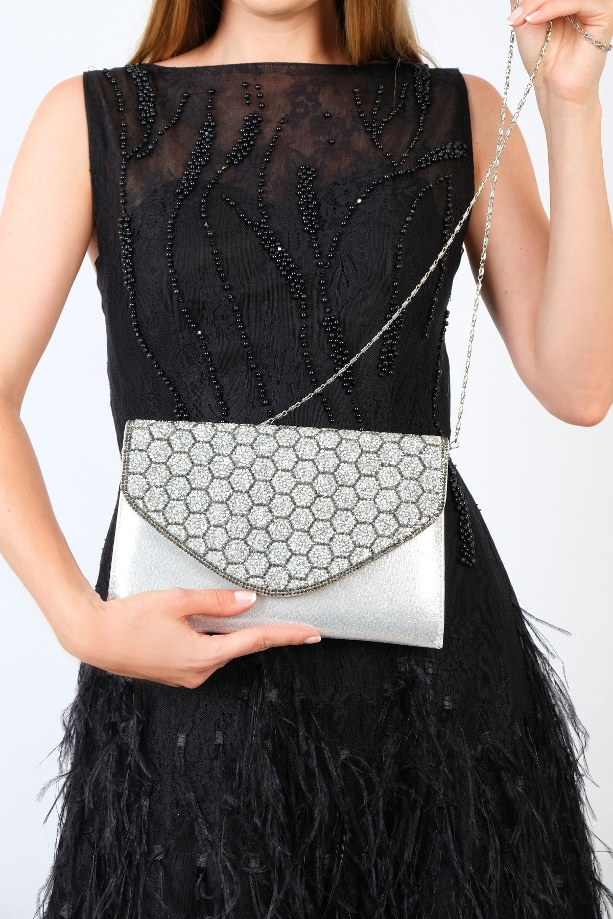 NAZART Kadın Petektaşlı Gümüş Zincirli Abiye Bayan Clutch Portföy Gece Çantası