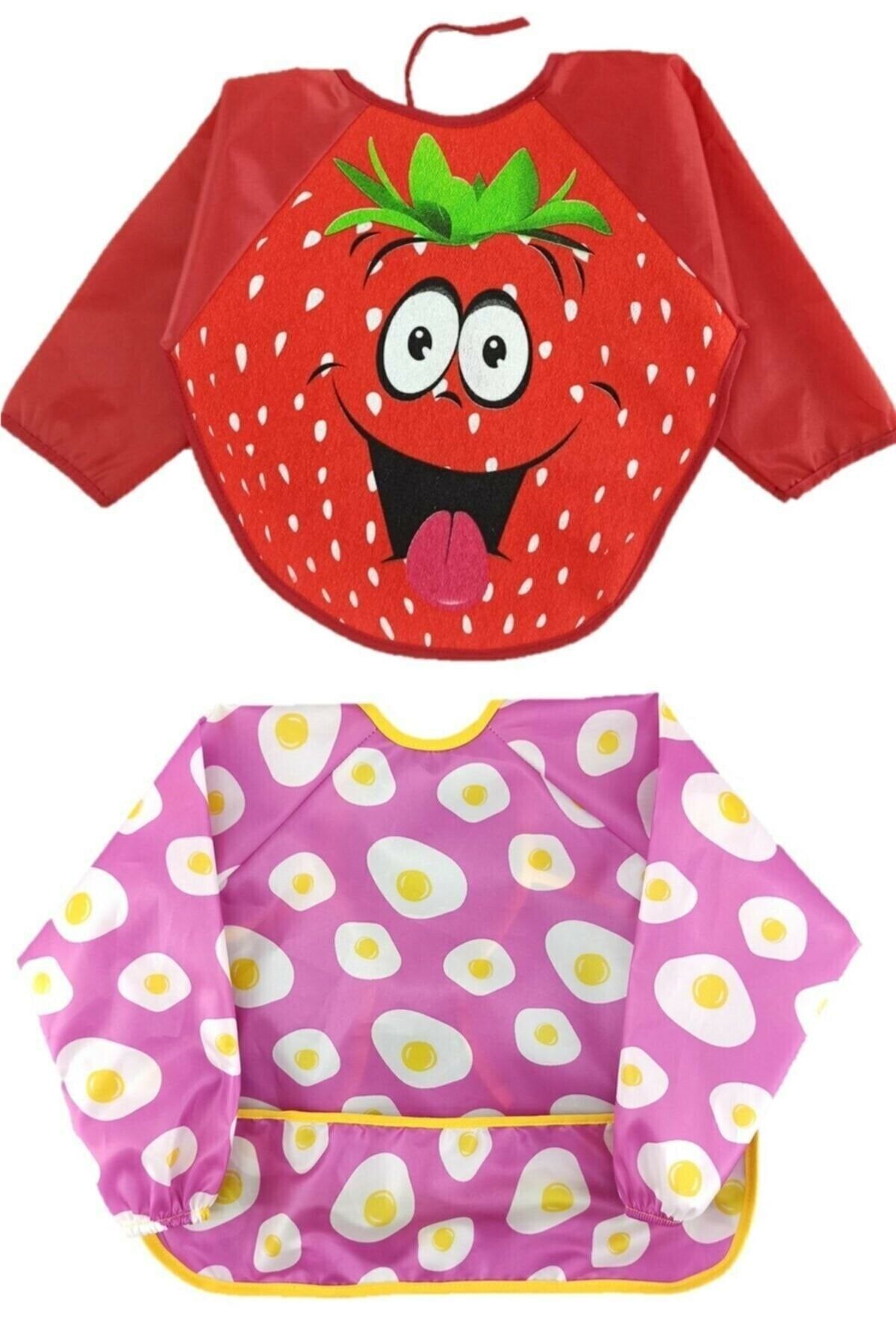 BEBEDONAT Çilek Ve Yumurta Motifli Su Geçirmez Kollu Mama Önlüğü 6-24 Ay