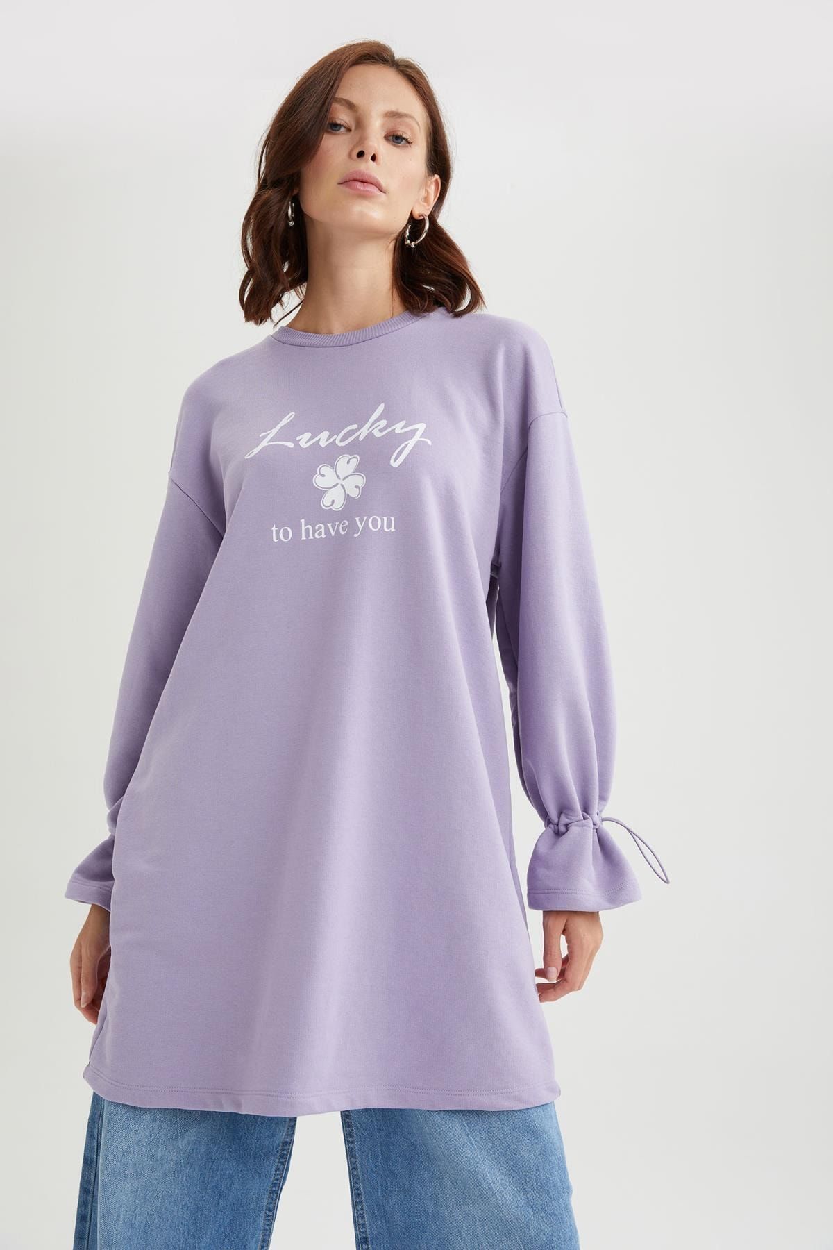 DeFacto Relax Fit Slogan Baskılı Bisiklet Yaka Kalın Sweatshirt Kumaşı Sweatshirt Tunik