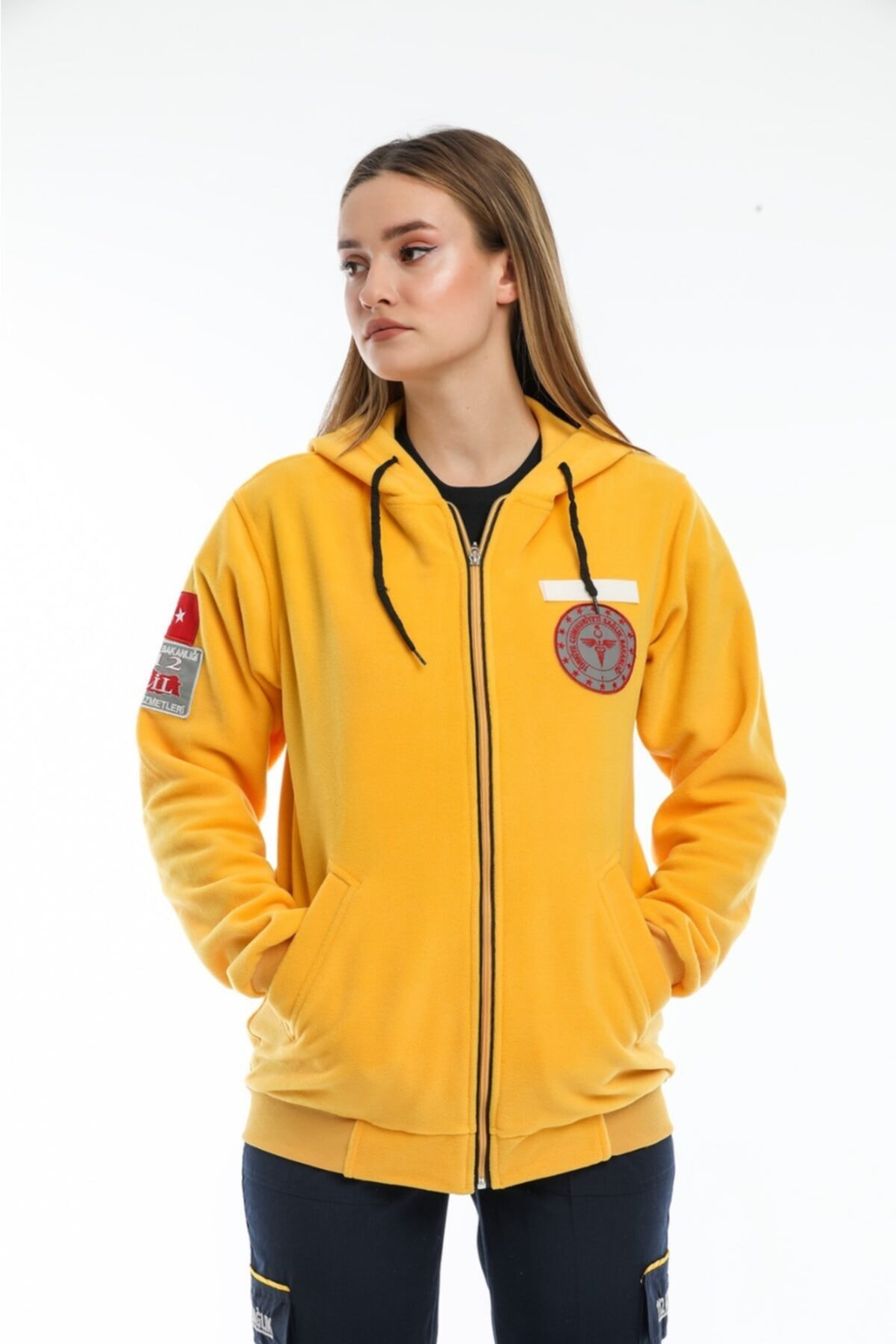 MODA ARVEN Kadın Sarı 112 Acil Sağlık Kapşonlu Polar Hırka