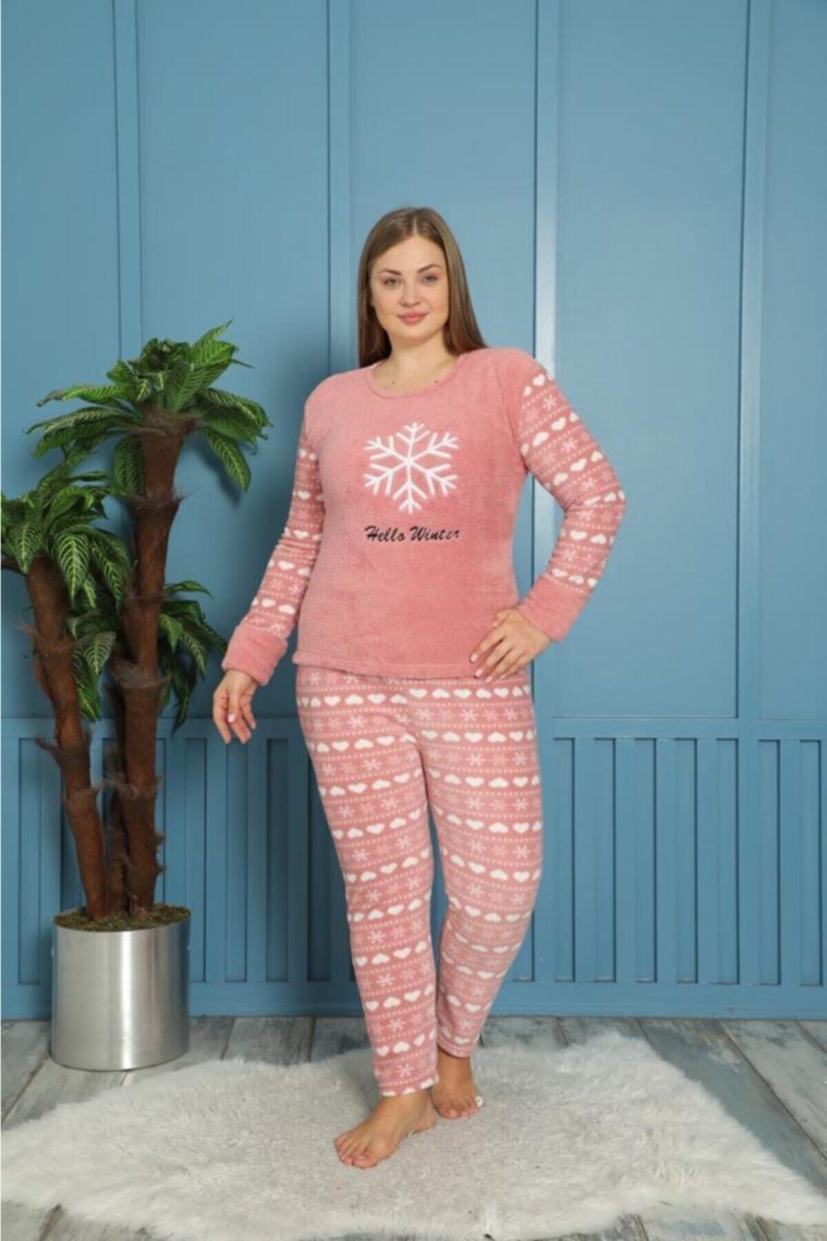 Temporium Kadın Pudra Büyük Beden Kar Tanesi Nakışlı Kalp Desenli Uzun Kollu Polar Peluş Pijama Takımı
