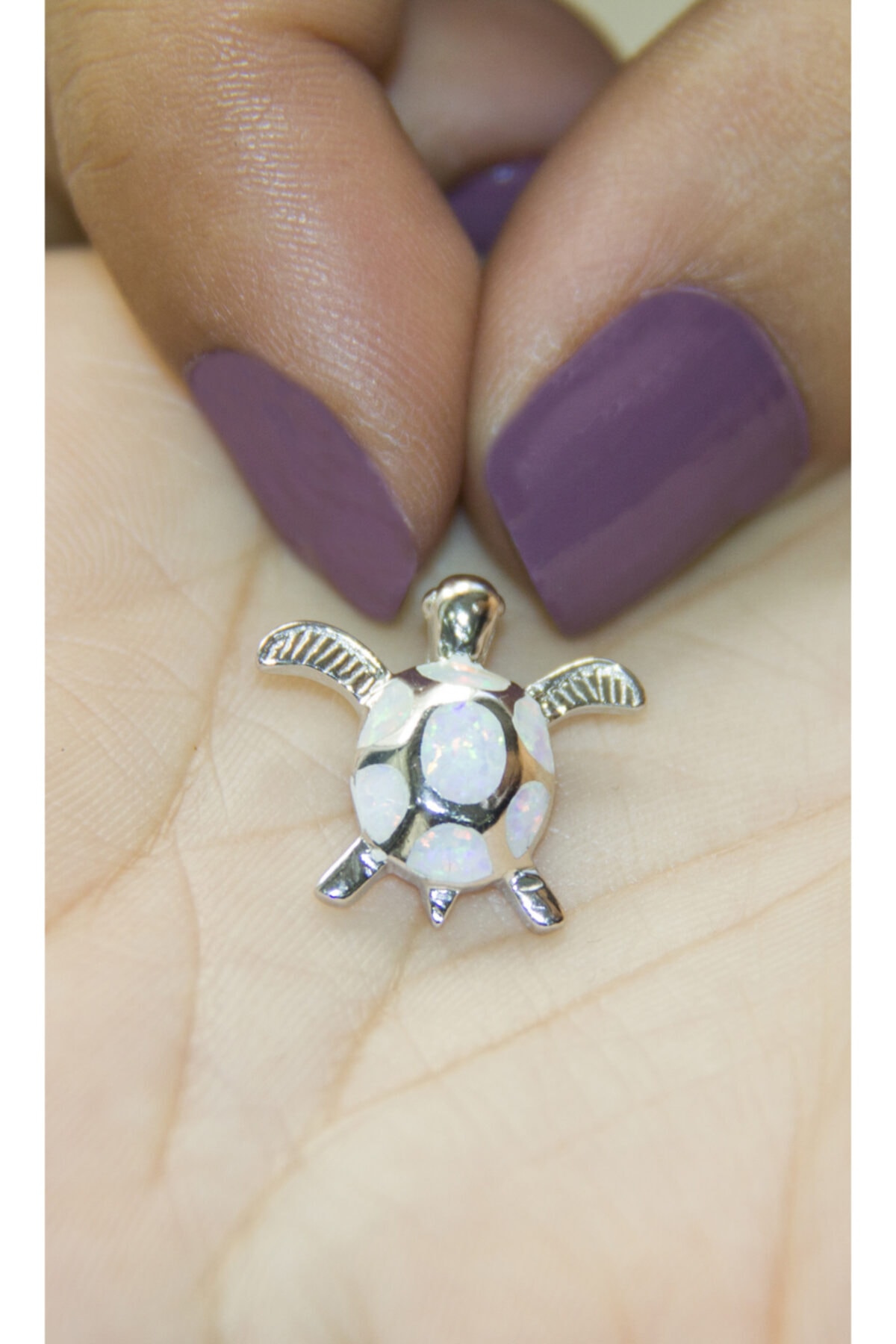 Jewelry For Light 925 Ayar Gümüş, Zincirsiz, Beyaz Opal, Caretta Caretta Kaplumbağa Kolye Ucu