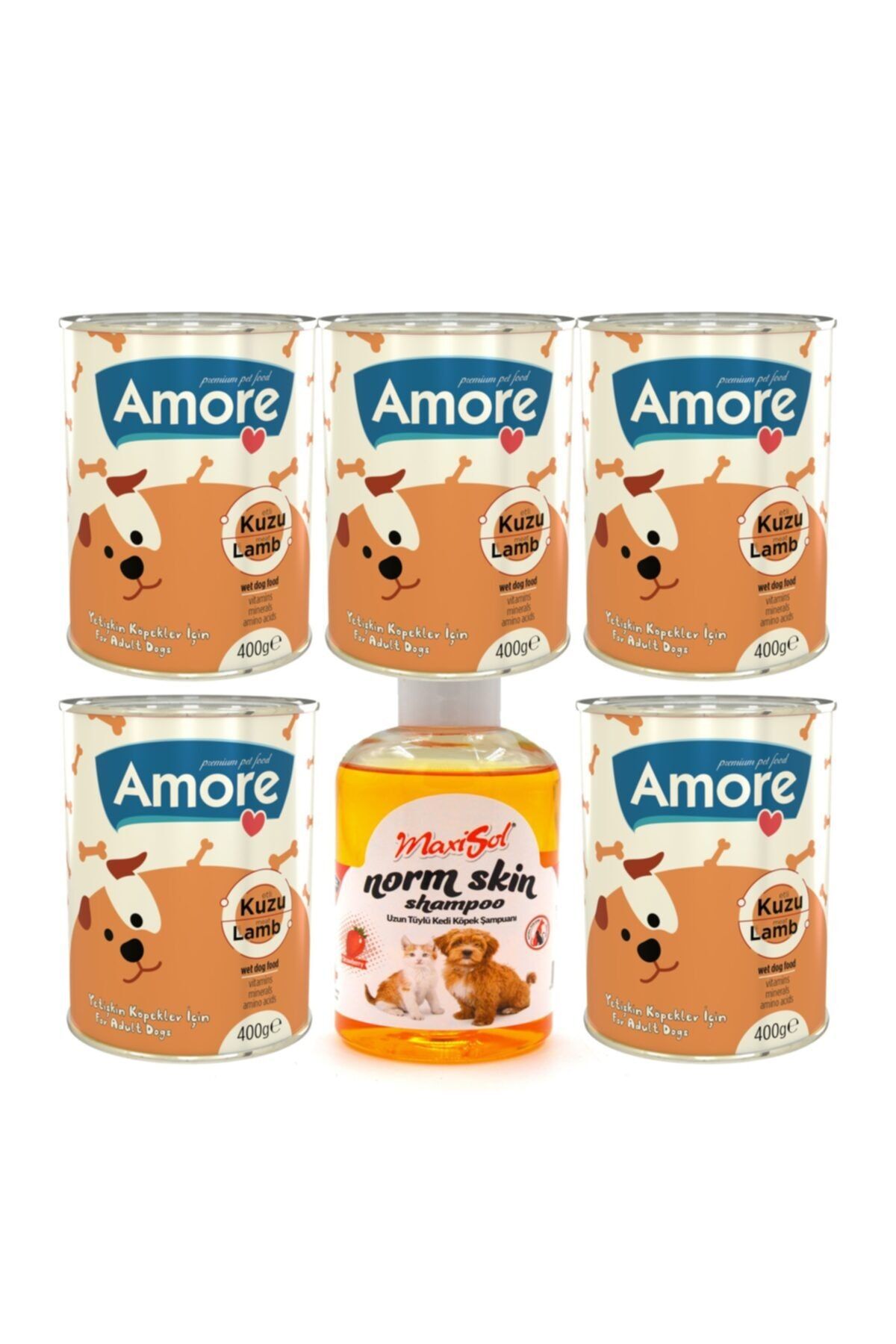 AMORE Kuzu Parça Etli Köpek Konserve Chunks 5x400gr + Uzun Tüylü Köpek Şampuanı 200ml