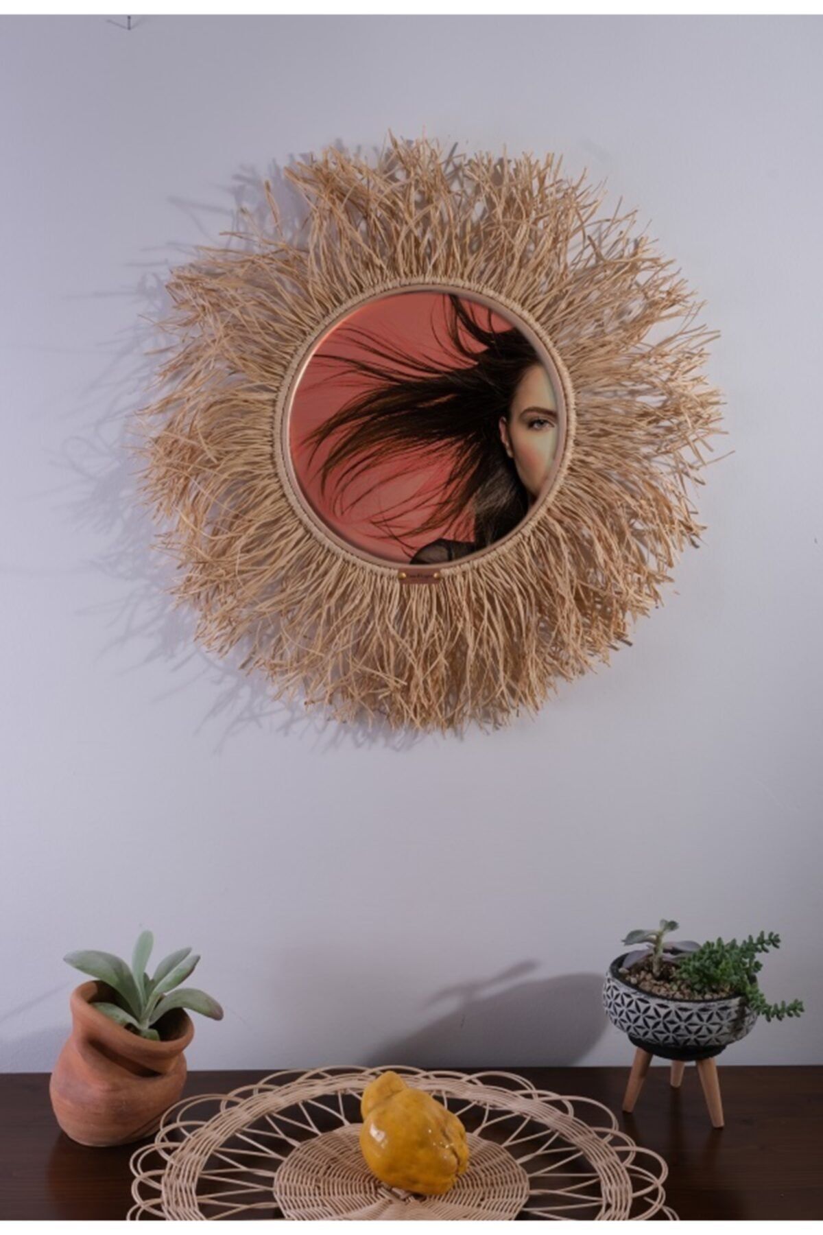 casadilegno Dekoratif Bambu Doğal Rafya Ayna 45 cm