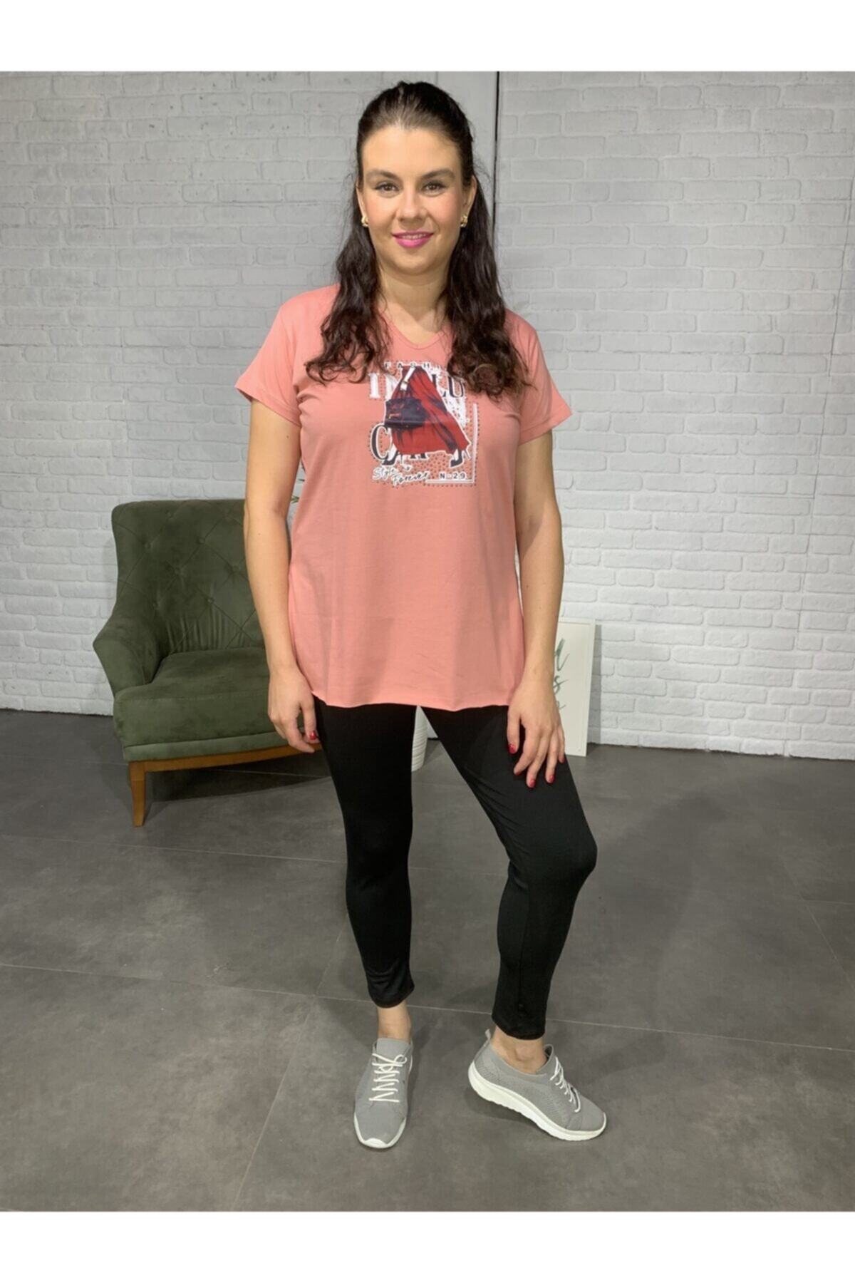Roxxlen Kadın Pembe Büyük Beden Baskılı T-shirt - 4409